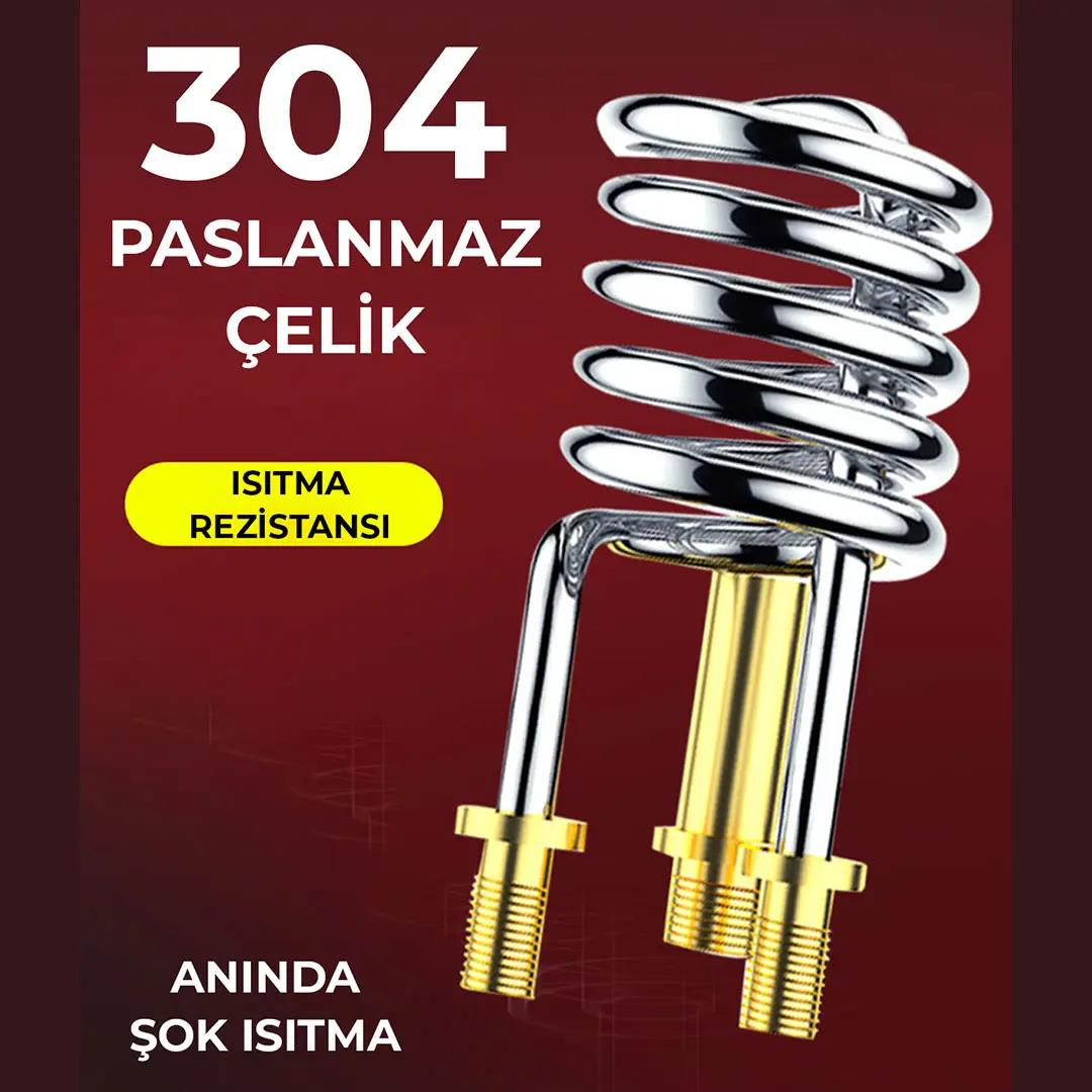 Gümüş paslanmaz çelik ısıtma bobini, altın konnektörlü, kırmızı arka plan üzerinde.