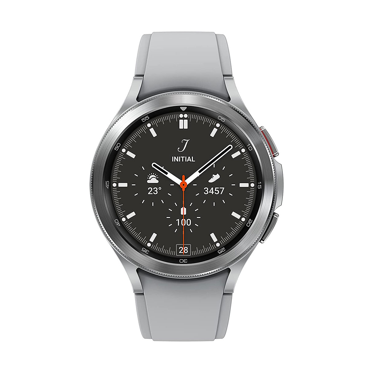 Uno smartwatch argentato con quadrante nero mostra 23 gradi, 3457 passi e data 28.