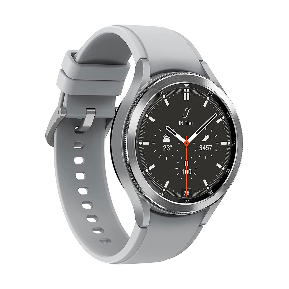 Smartwatch grigio con lunetta argentata e quadrante nero che mostra 23 gradi.