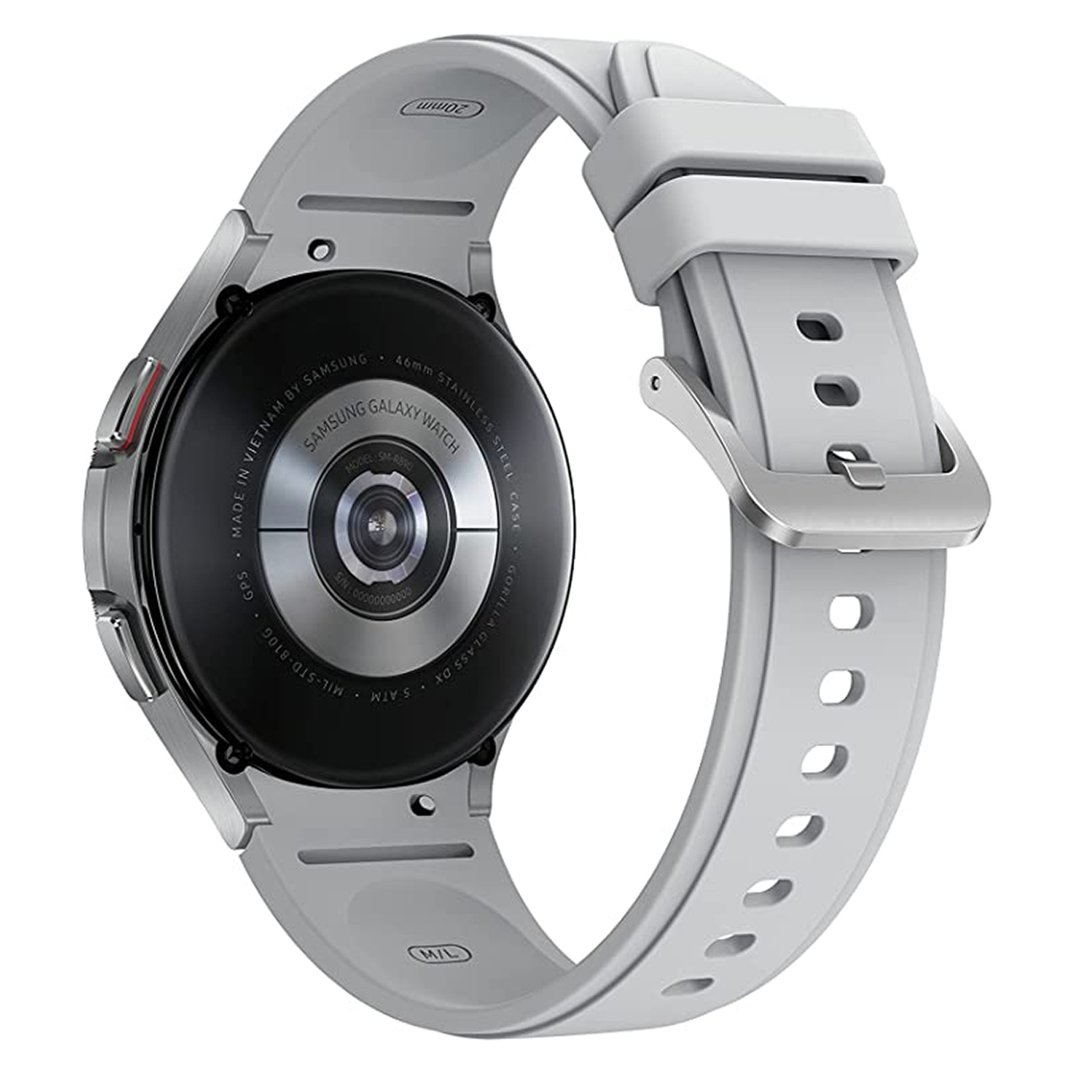 Vista posteriore di un Samsung Galaxy Watch grigio con cinturino bianco.
