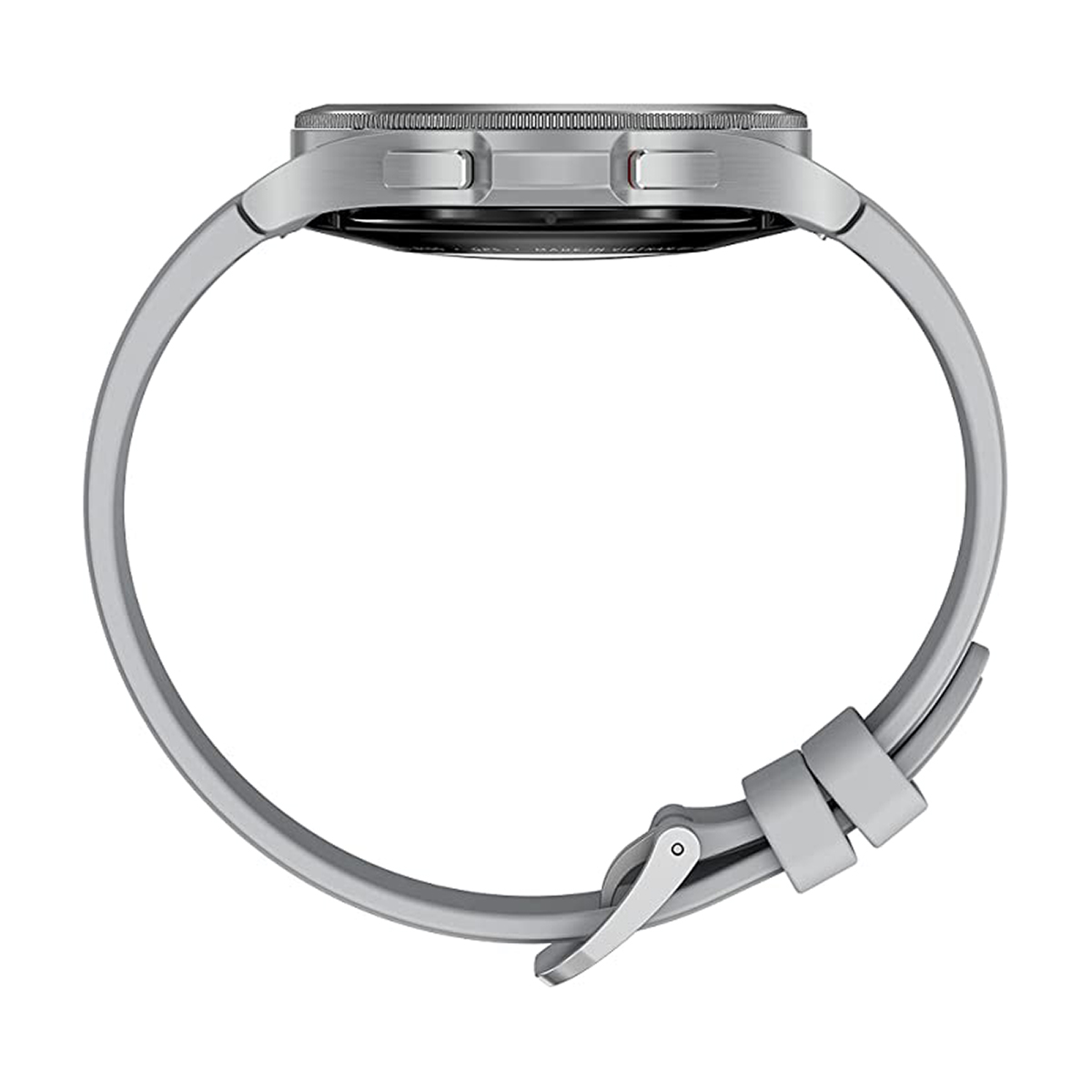 Orologio intelligente grigio con cassa e cinturino argentati, mostrato di lato.