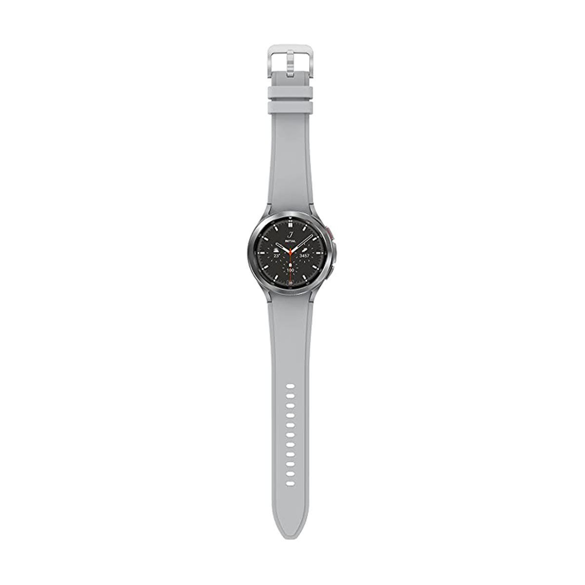 Uno smartwatch grigio chiaro con quadrante rotondo e display nero.