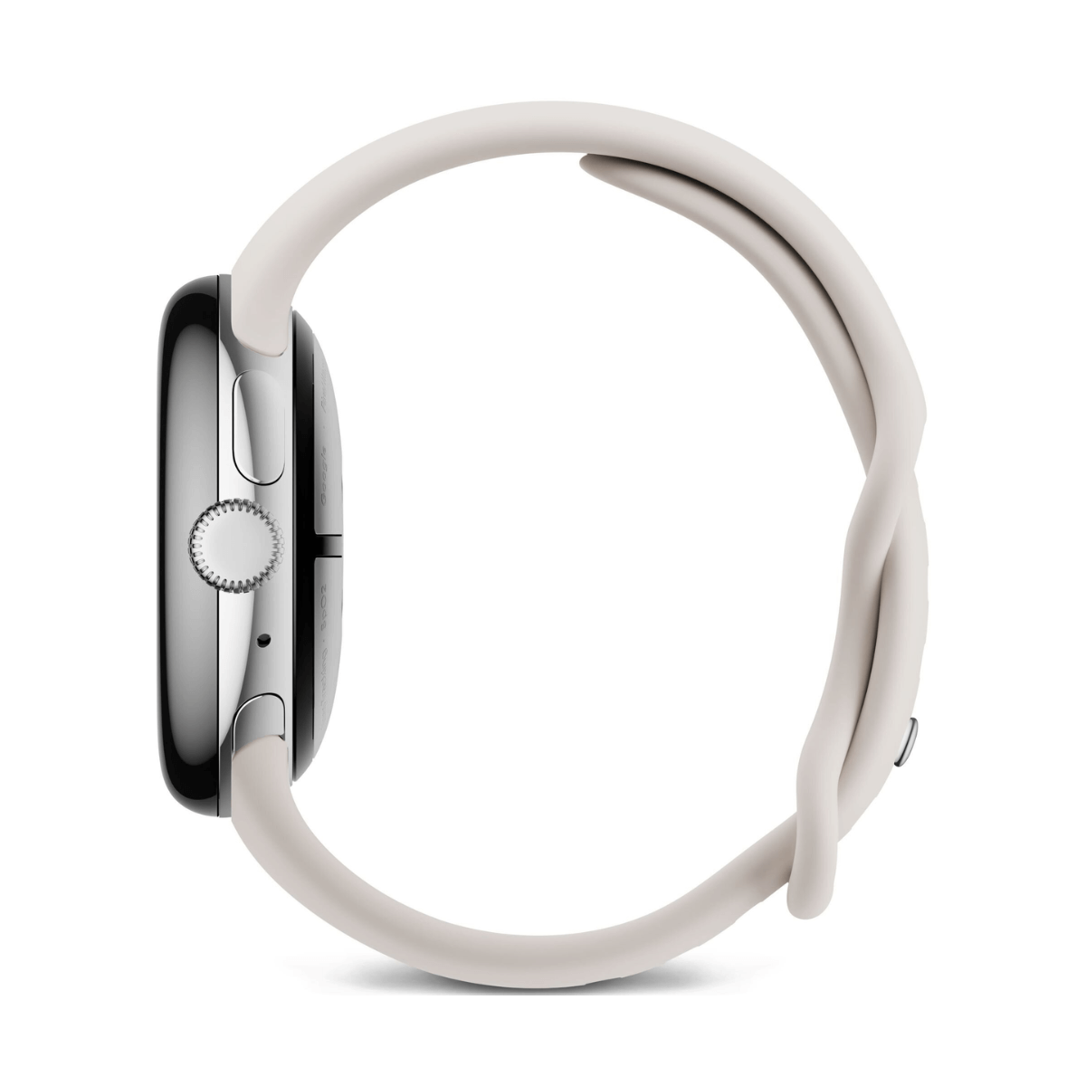 Eine schlanke, silberne Smartwatch mit einem cremefarbenen Armband, auf weißem Hintergrund.