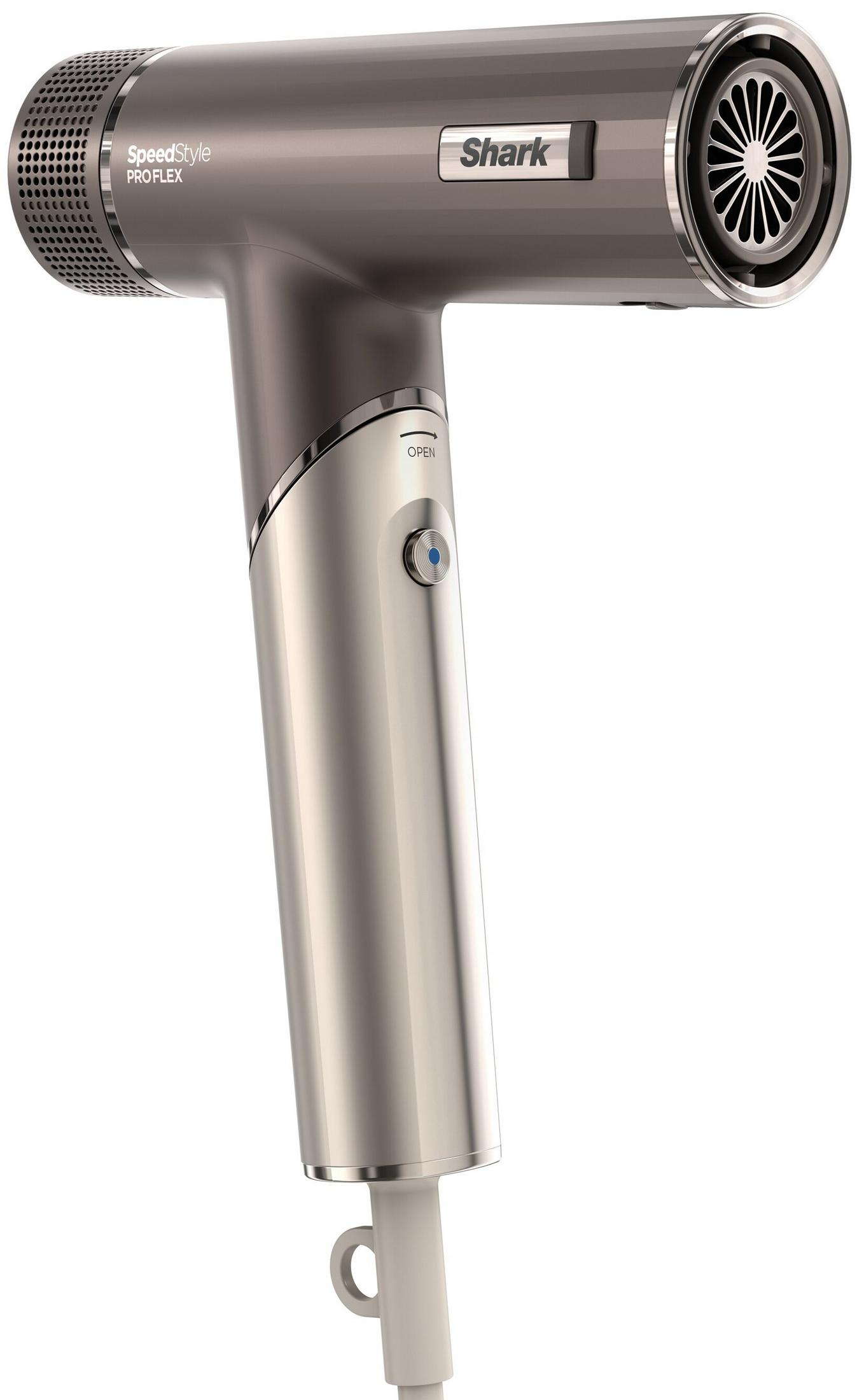 Grijze Shark SpeedStyle PRO FLEX föhn met zilveren handvat en open knop.