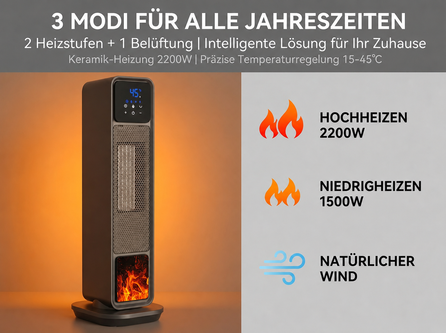 Ein dunkler Turmheizkörper mit digitaler Anzeige und Flammen-Effekt. Links daneben werden drei Modi angezeigt.