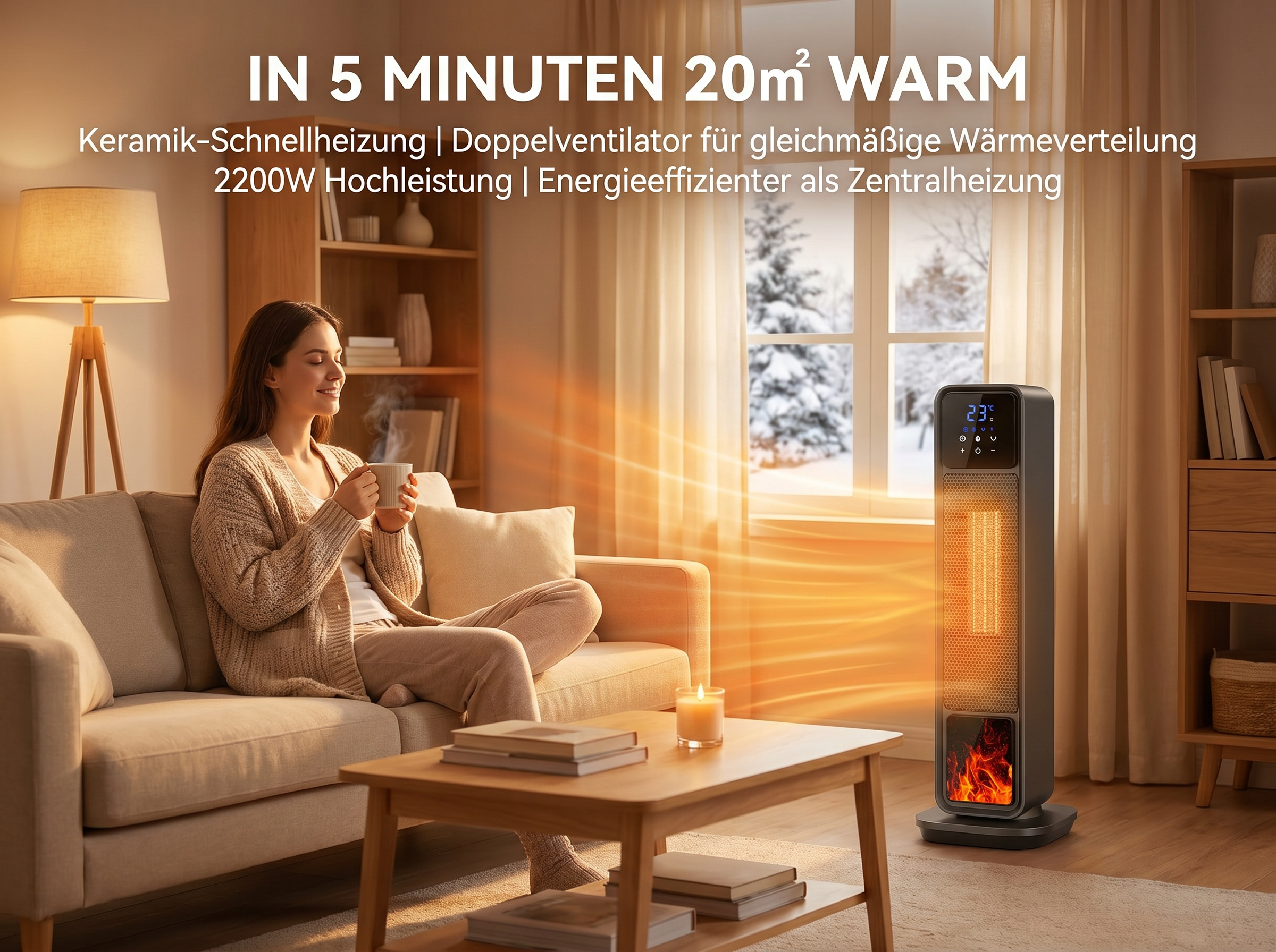 Frau sitzt auf Sofa mit Tasse, Heizlüfter im Raum, Winterlandschaft draußen.