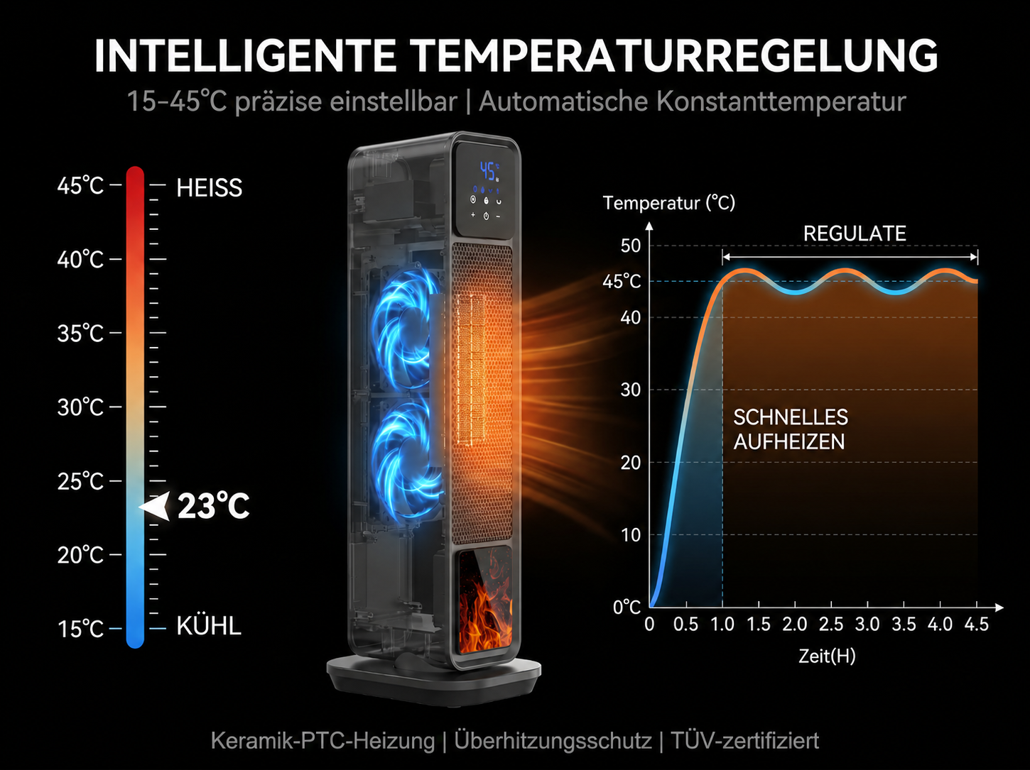 Ein Heizlüfter mit Temperaturanzeige, Lüftern und einem Diagramm der Temperaturregelung.