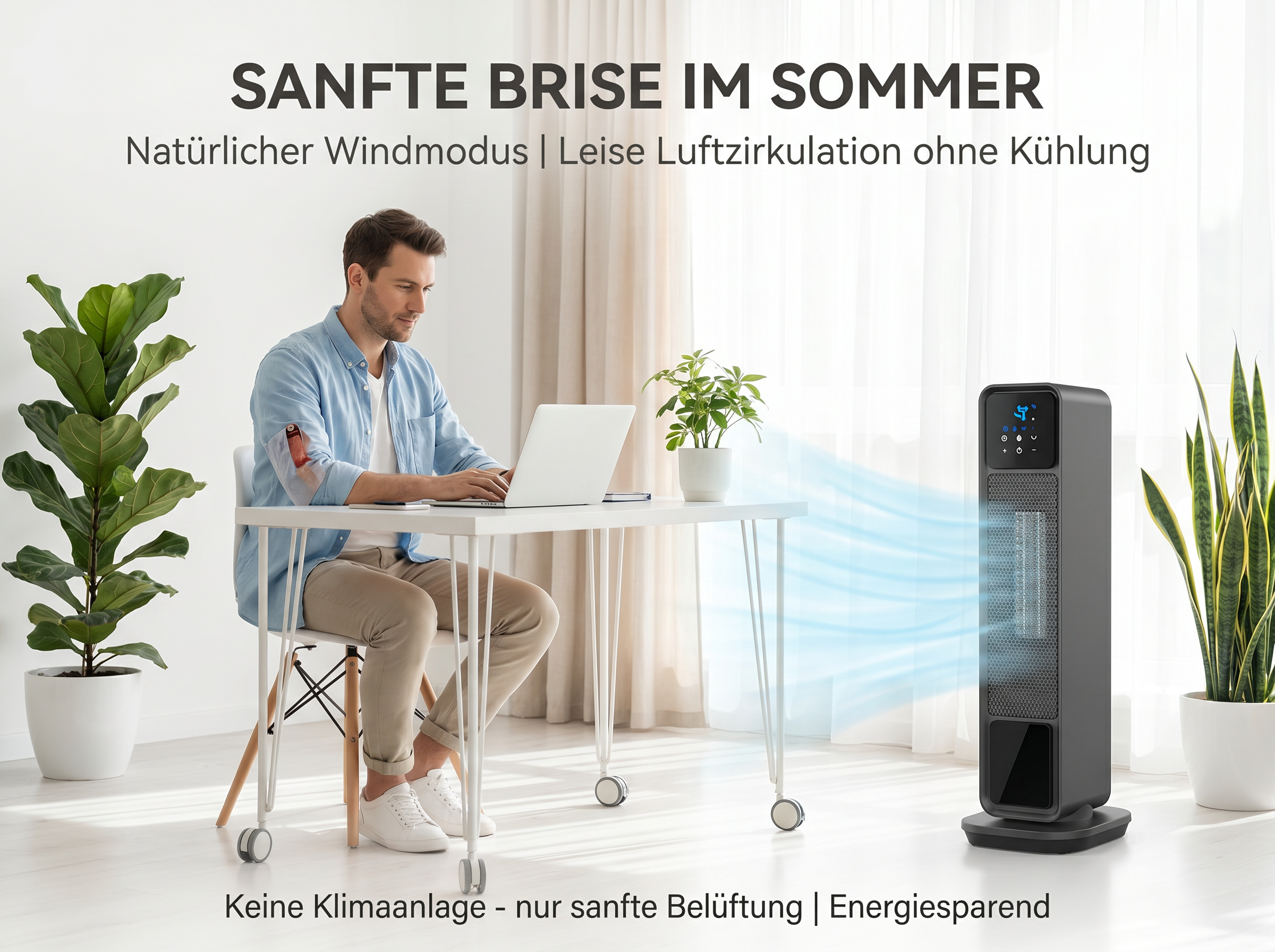 Mann arbeitet am Laptop, Ventilator bläst Luft zu. Pflanzen im Raum.