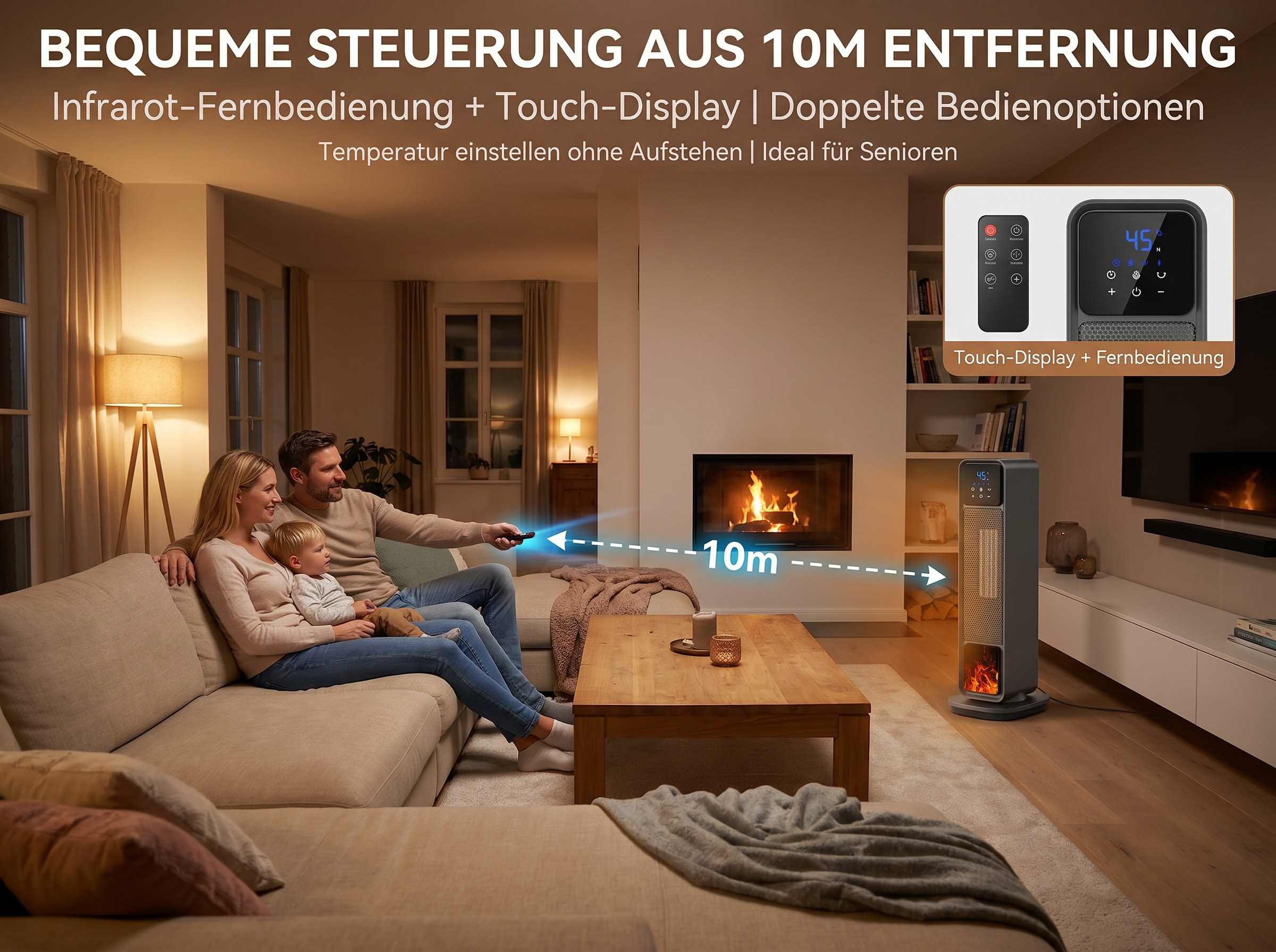 Familie im Wohnzimmer nutzt Heizung mit Fernbedienung über 10m.