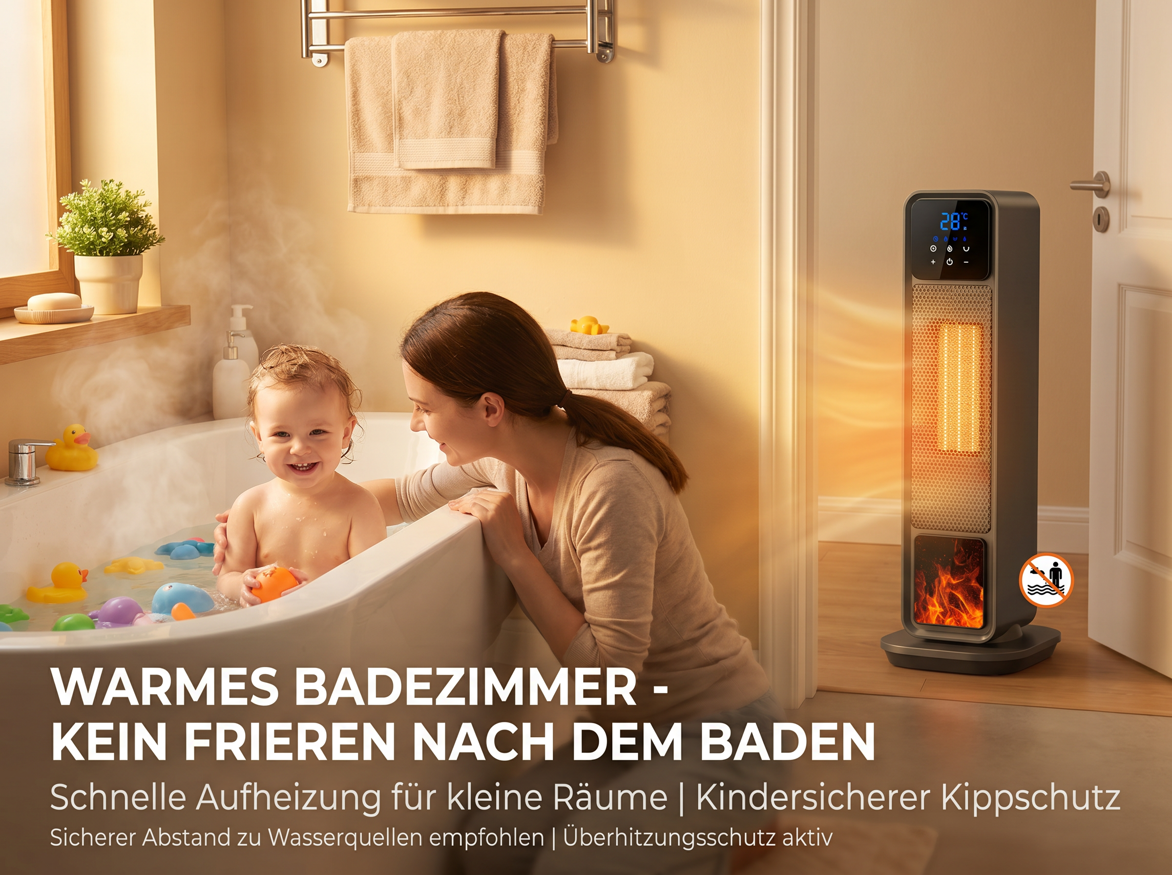 Mutter und Kind im Badezimmer mit Heizlüfter. Kind spielt in der Wanne.