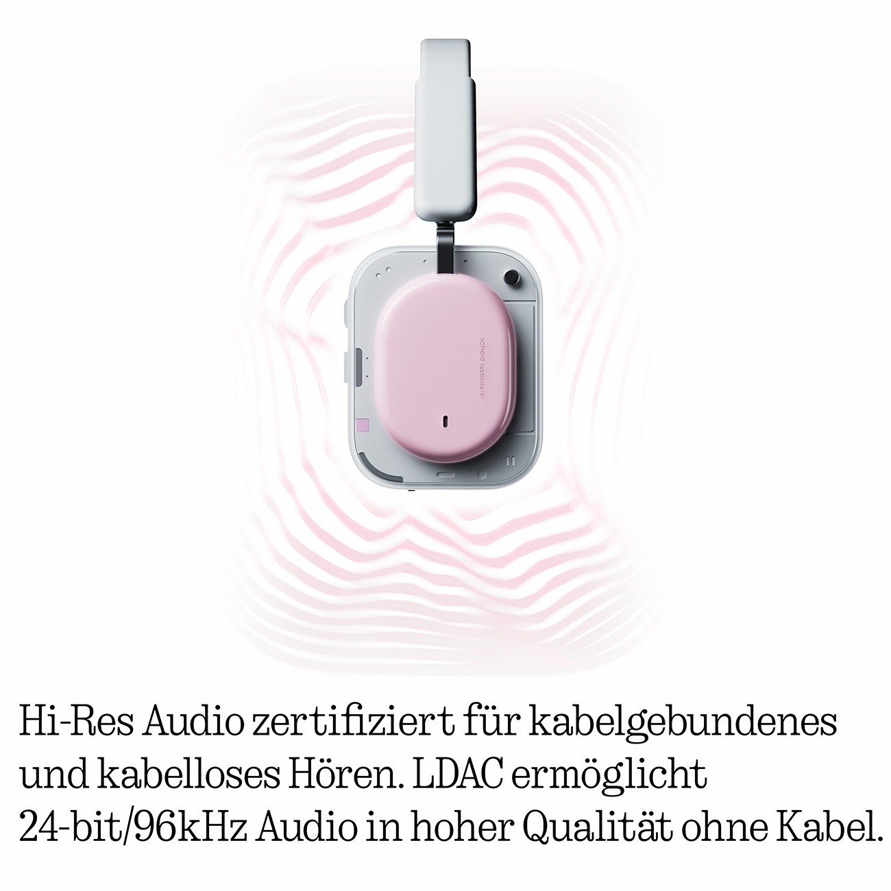 Ein rosa Kopfhörer mit weißem Bügel vor einem stilisierten Hintergrund.