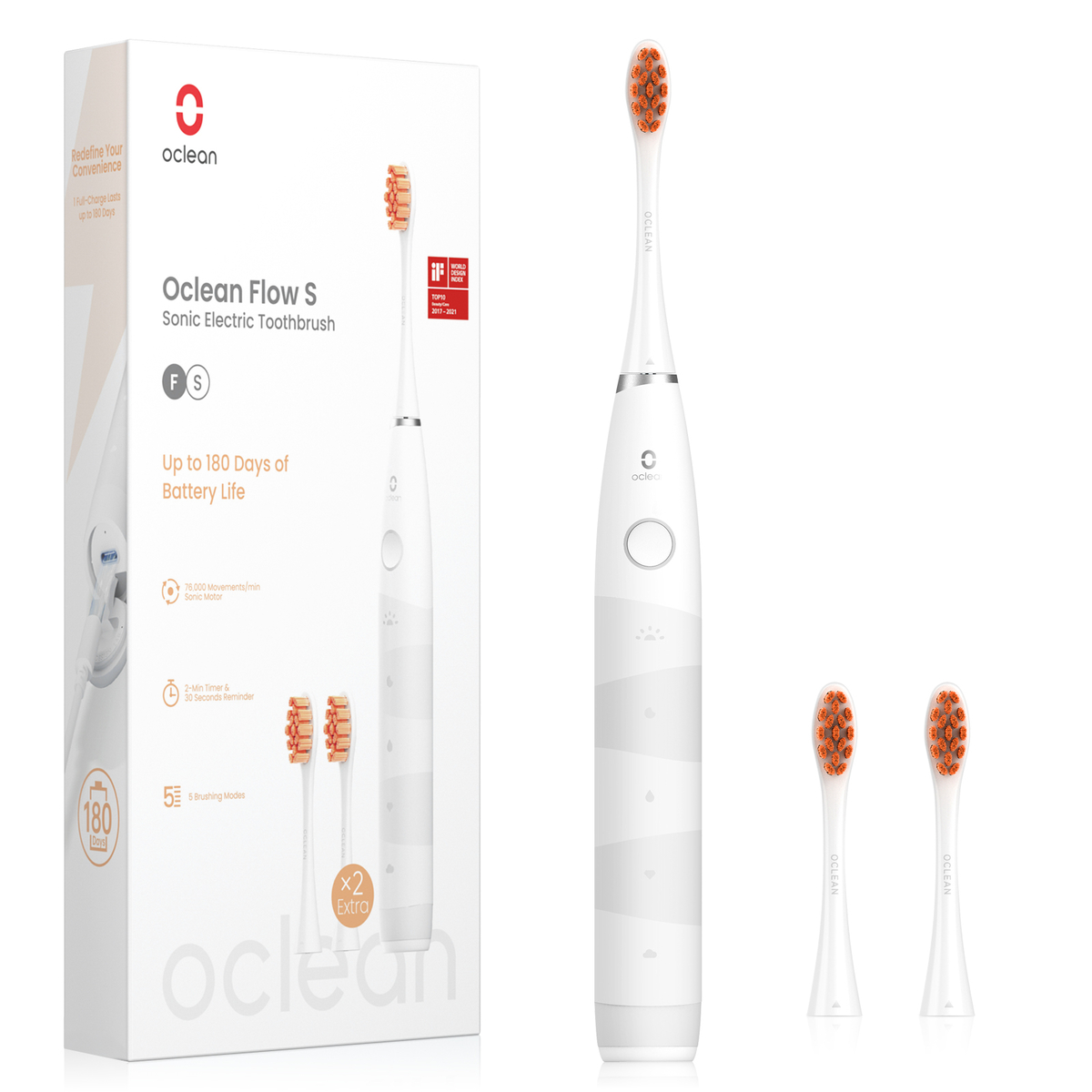 Oclean Flow S Sonic Zahnbürste mit Verpackung, Ersatzköpfen und einer einzelnen Zahnbürste.
