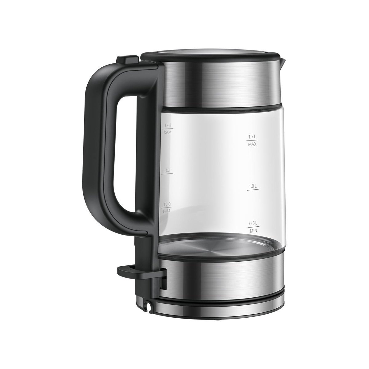 Een glazen waterkoker met een zwarte handgreep en roestvrijstalen basis.