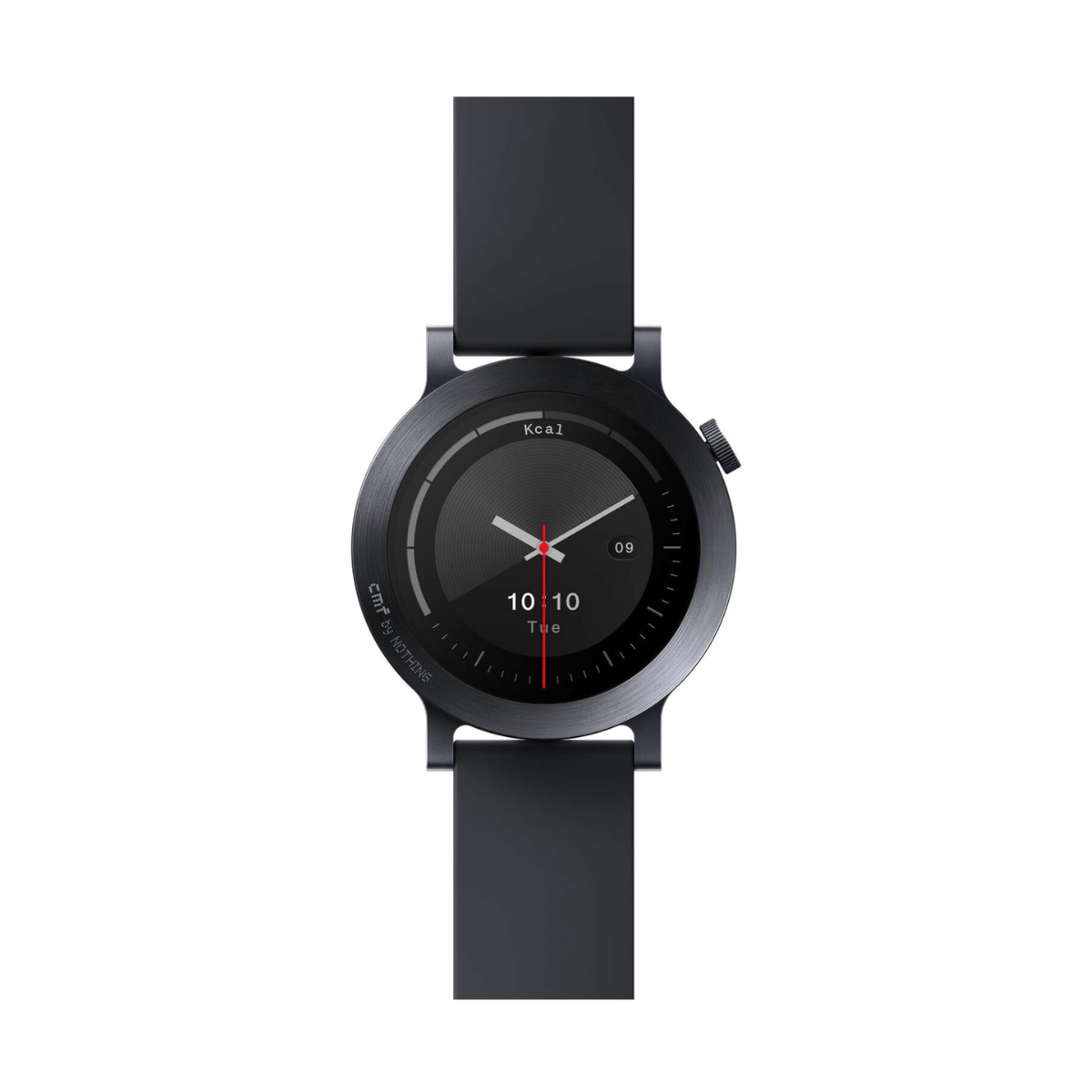 Eine schwarze Smartwatch mit rundem Zifferblatt und schwarzem Armband.