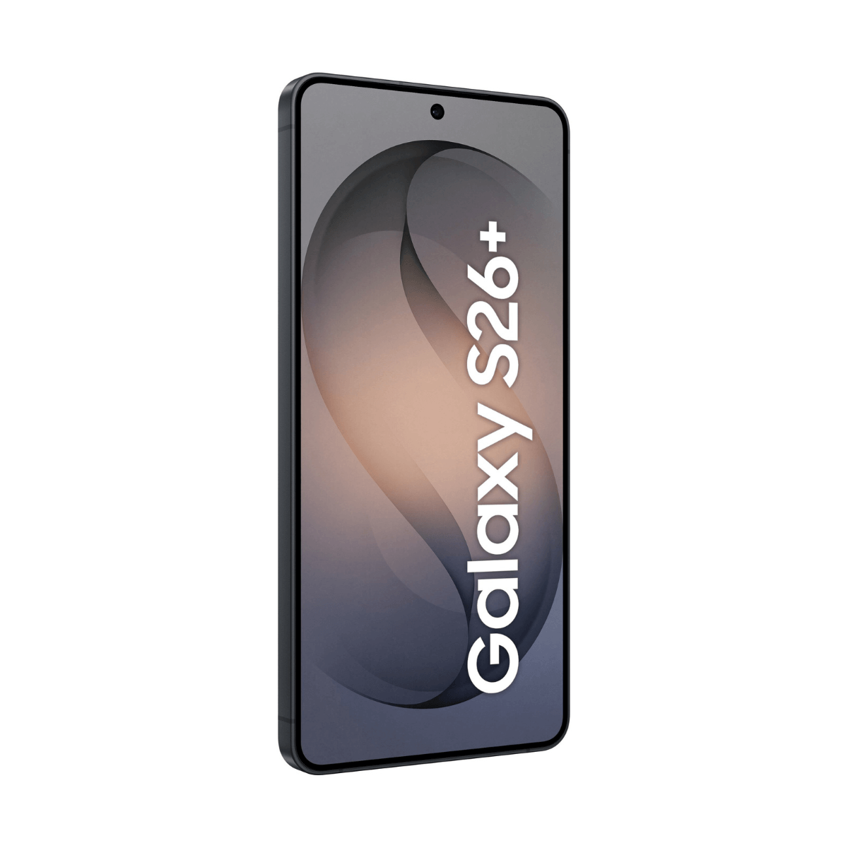 Ein schwarzes Smartphone mit dem Text "Galaxy S26+" auf dem Bildschirm.
