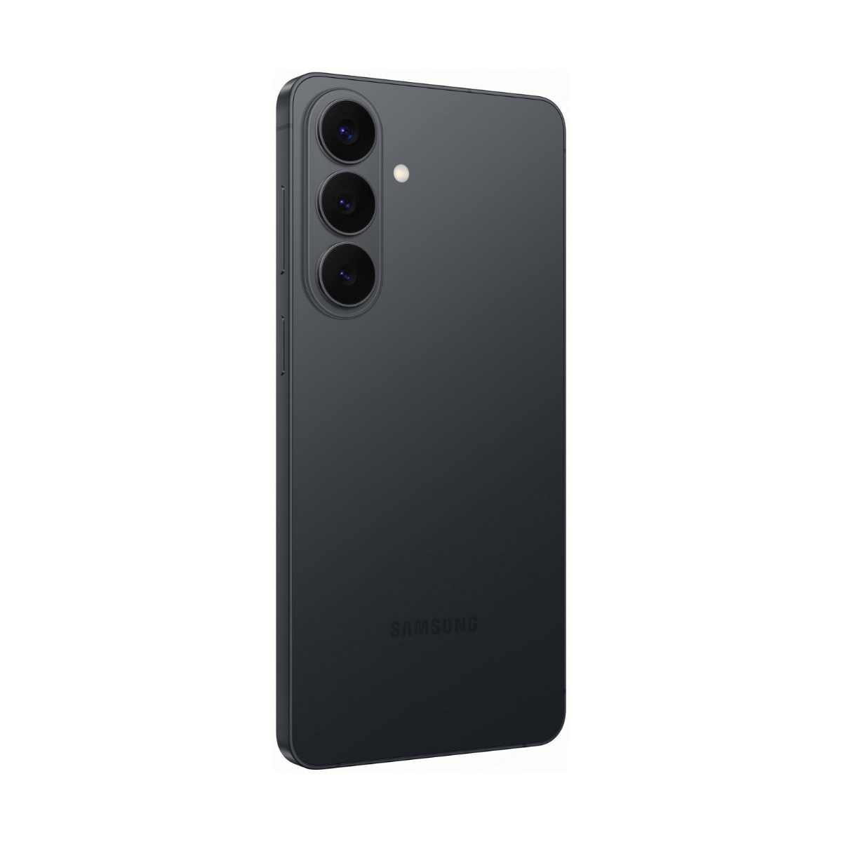 Rückseite eines dunklen Samsung-Smartphones mit drei Kameras und Blitz.