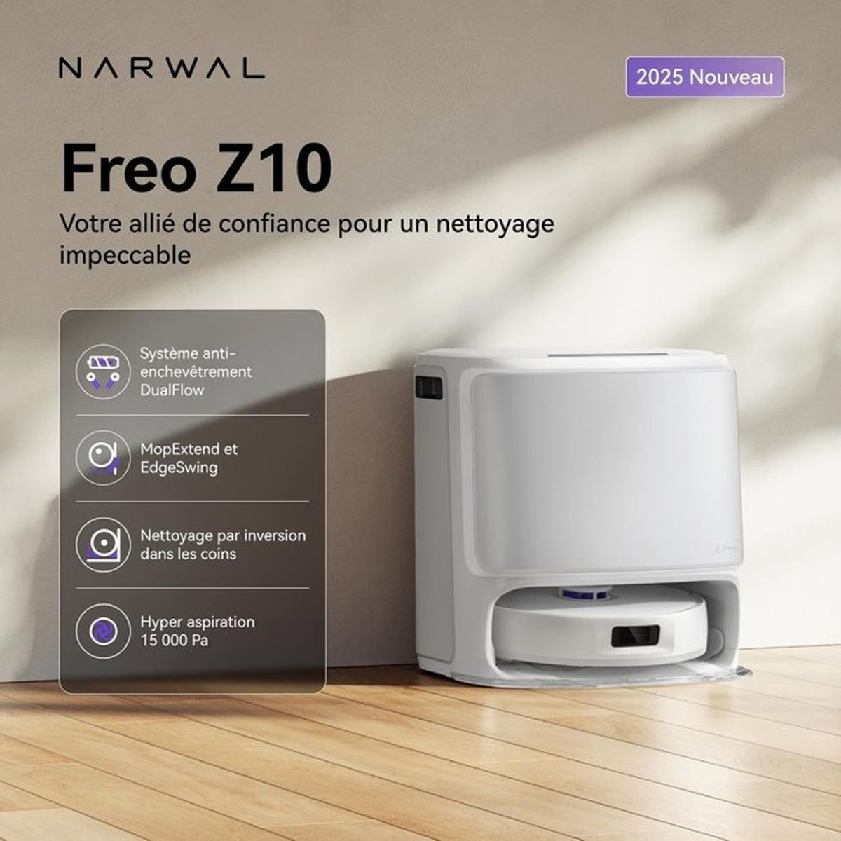 Un robot aspirador blanco con estación de carga, Narwal Freo Z10, con funciones.