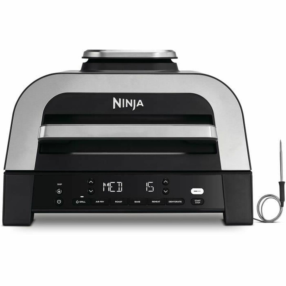Grill Ninja nero con accenti argento, display digitale mostra 'MED 15'.