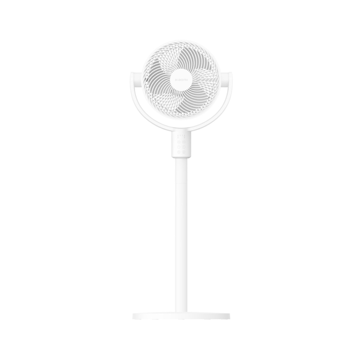 Biały wentylator stojący z okrągłą kratką i logo Xiaomi.