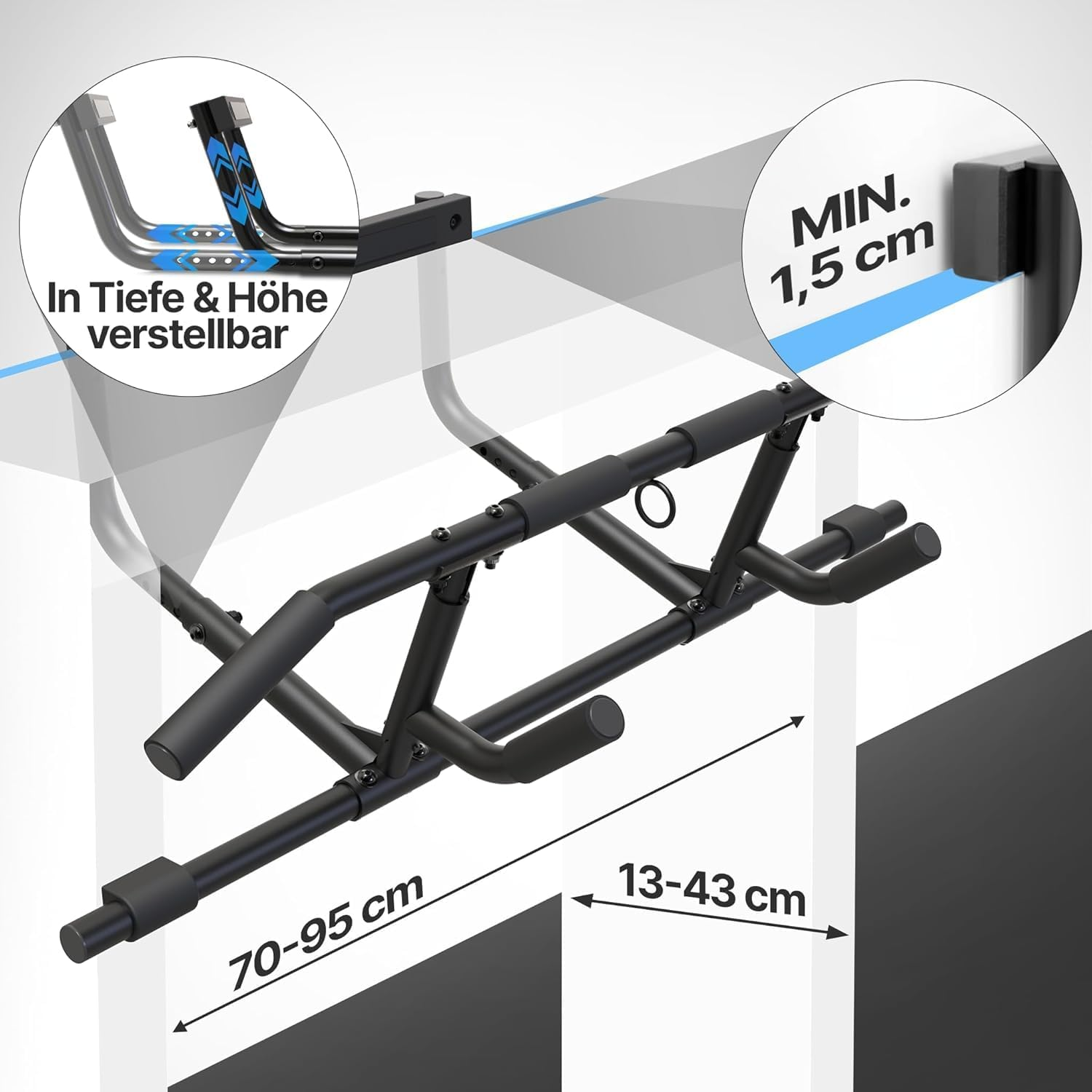 Verstellbare Klimmzugstange mit Maßen 70-95 cm und 13-43 cm.