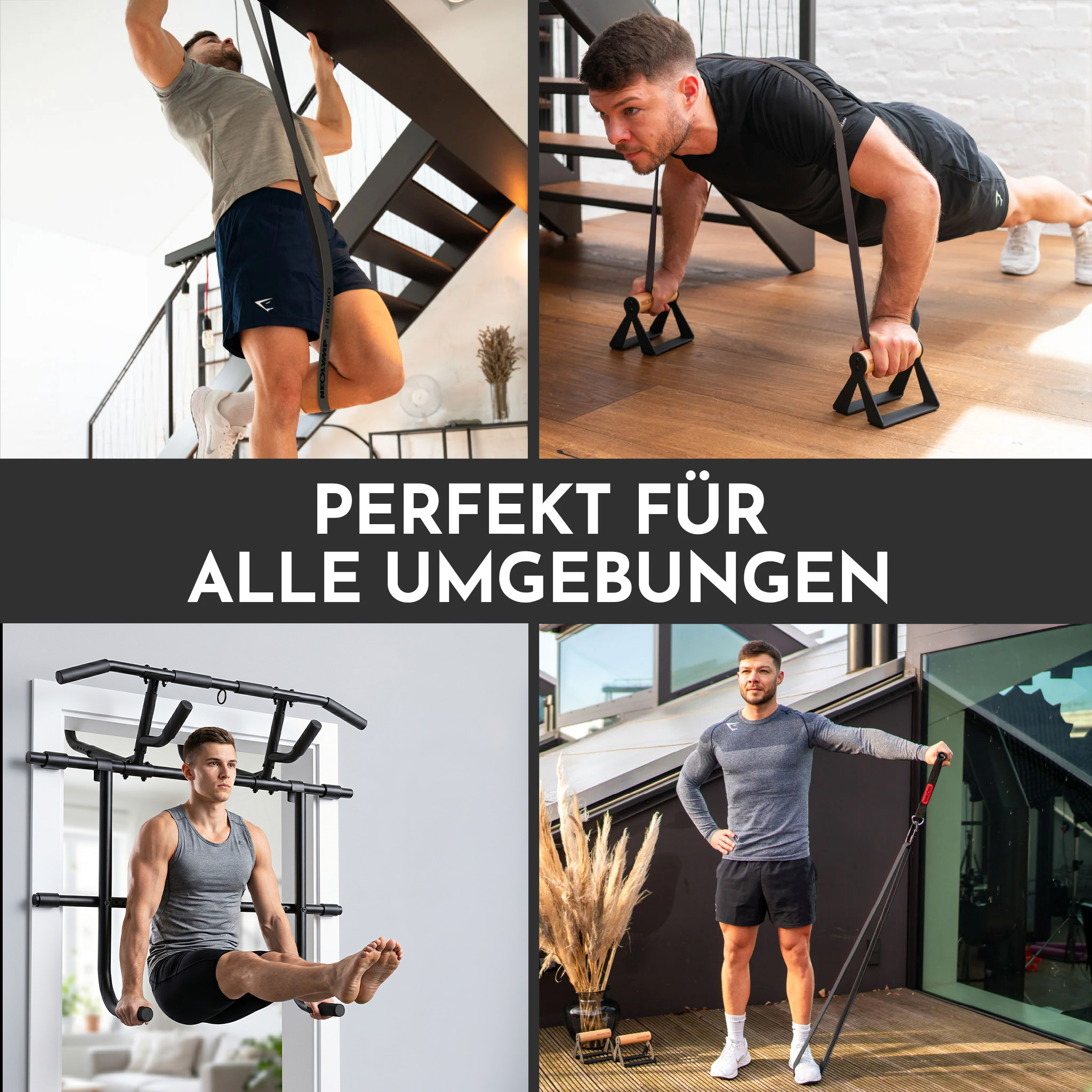 Männer machen Fitnessübungen mit Bändern und Klimmzugstangen in verschiedenen Umgebungen.