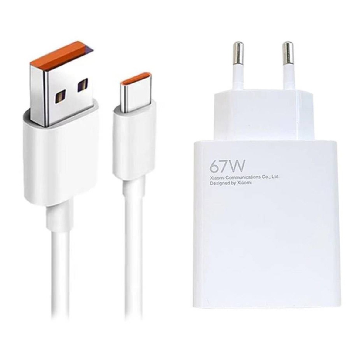 Witte USB-A naar USB-C kabel en 67W Xiaomi stroomadapter met Europese stekker.