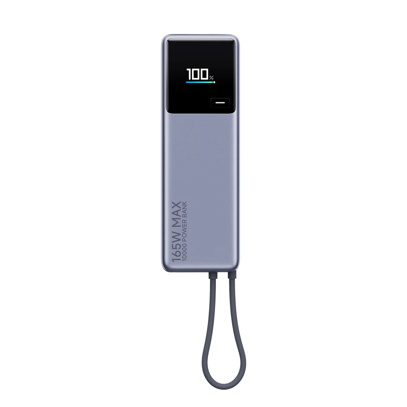 Szary power bank z cyfrowym wyświetlaczem 100% i dwoma kablami.