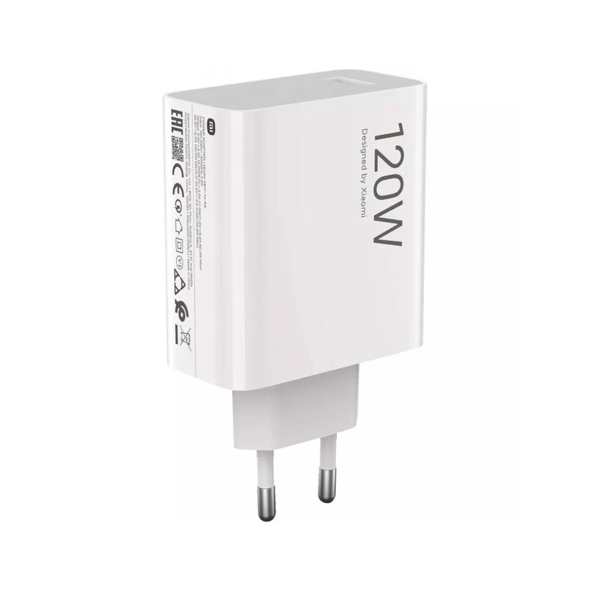 Biała ładowarka Xiaomi 120W z europejskimi bolcami.