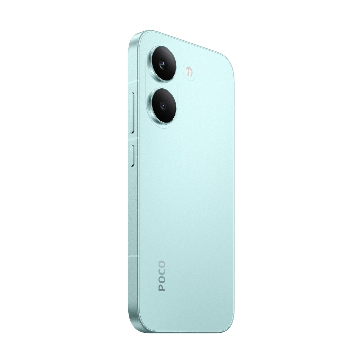 Un smartphone POCO azul claro se muestra por detrás, con dos lentes de cámara.