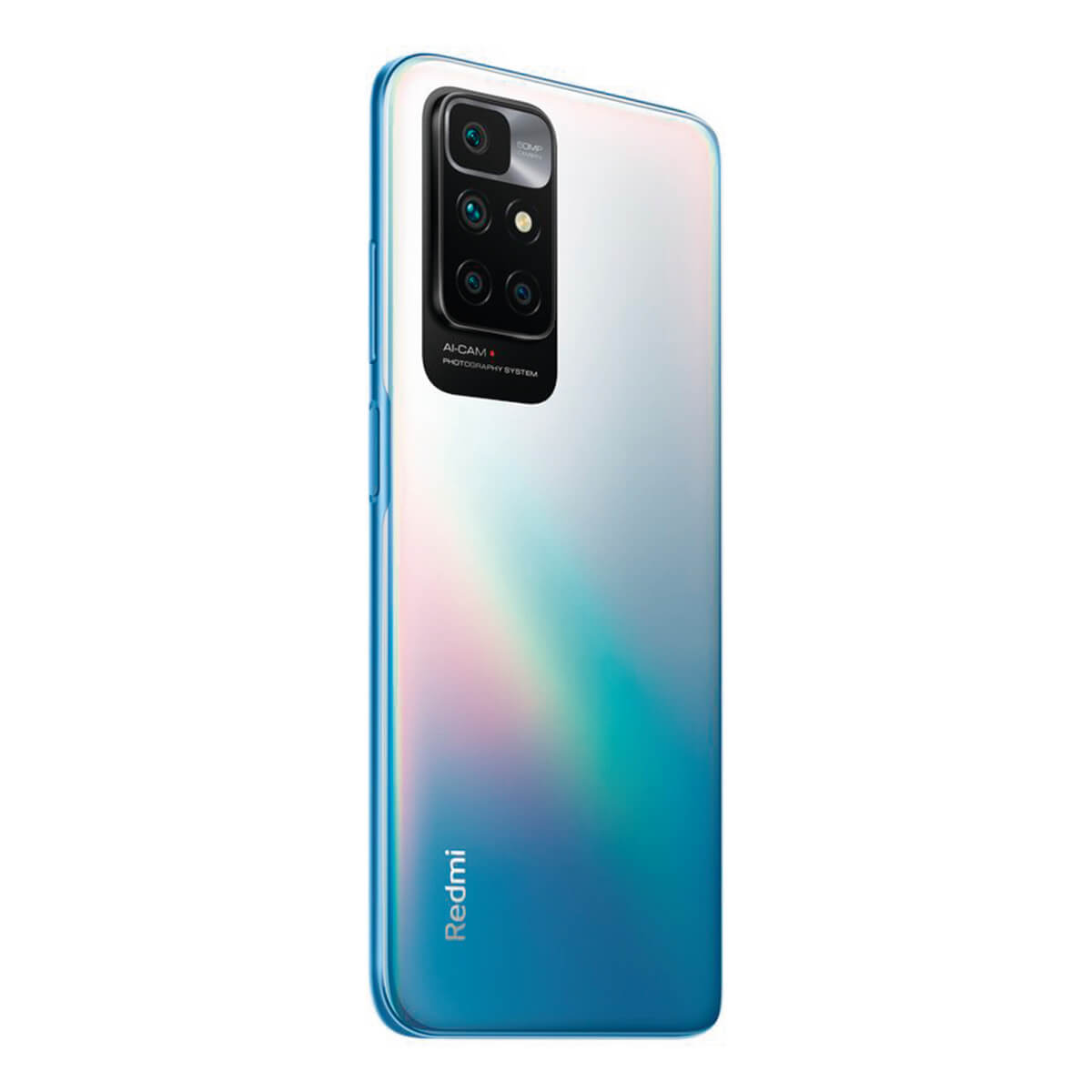 Ein weißes Smartphone mit blauem Rand und Kamera auf der Rückseite.
