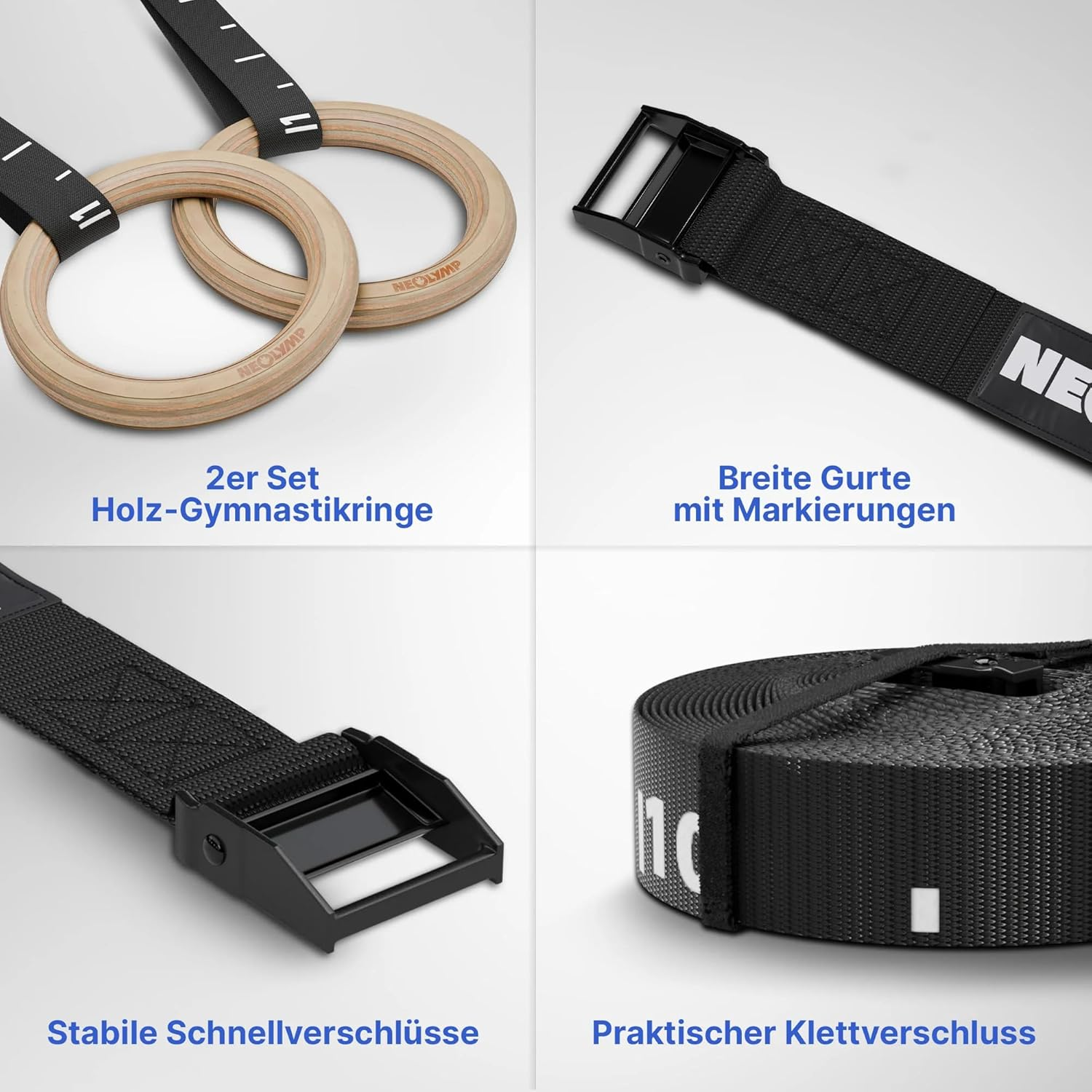Gymnastikringe aus Holz, schwarze Gurte mit Schnallen, Klettverschluss.