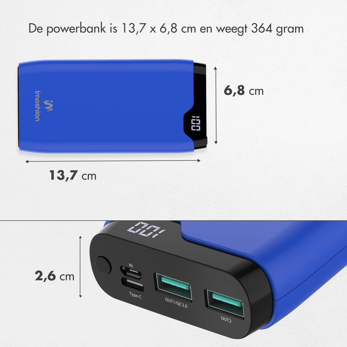 Blauer Powerbank mit digitalen Display, 13,7x6,8cm.