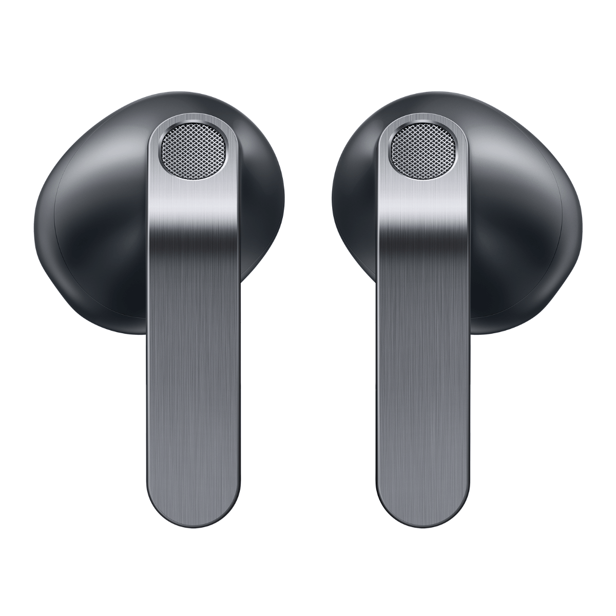 Due auricolari metallici scuri con accenti argentati su sfondo bianco.
