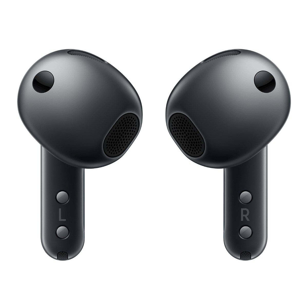 Due auricolari wireless scuri, contrassegnati L e R, su sfondo bianco.