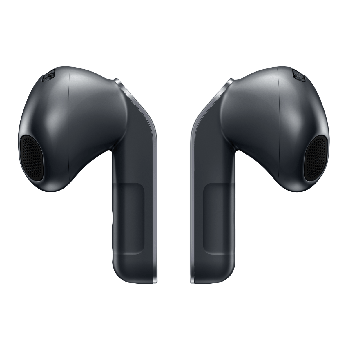 Due auricolari wireless grigio scuro sono mostrati fianco a fianco su sfondo bianco.