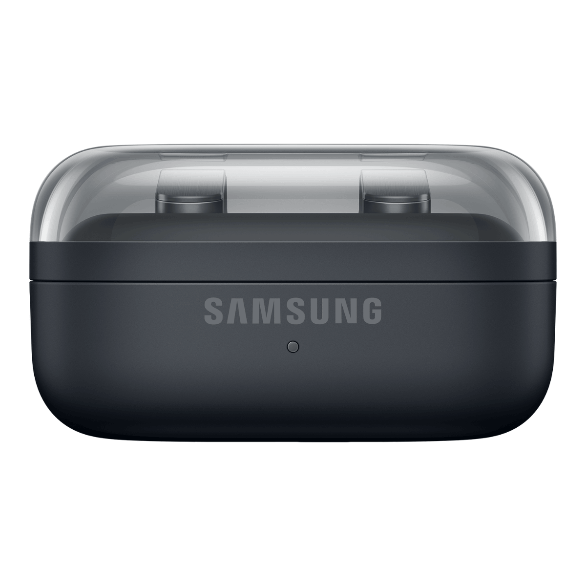 Custodia di ricarica Samsung grigio scuro con coperchio trasparente e due auricolari.