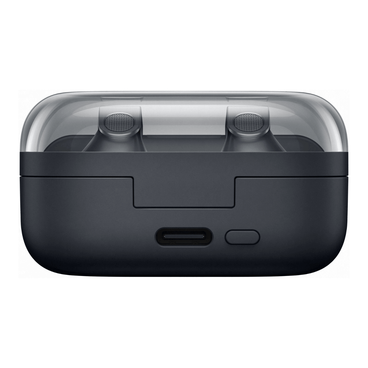 Custodia di ricarica grigio scuro con coperchio trasparente, mostra due auricolari e porta USB-C.