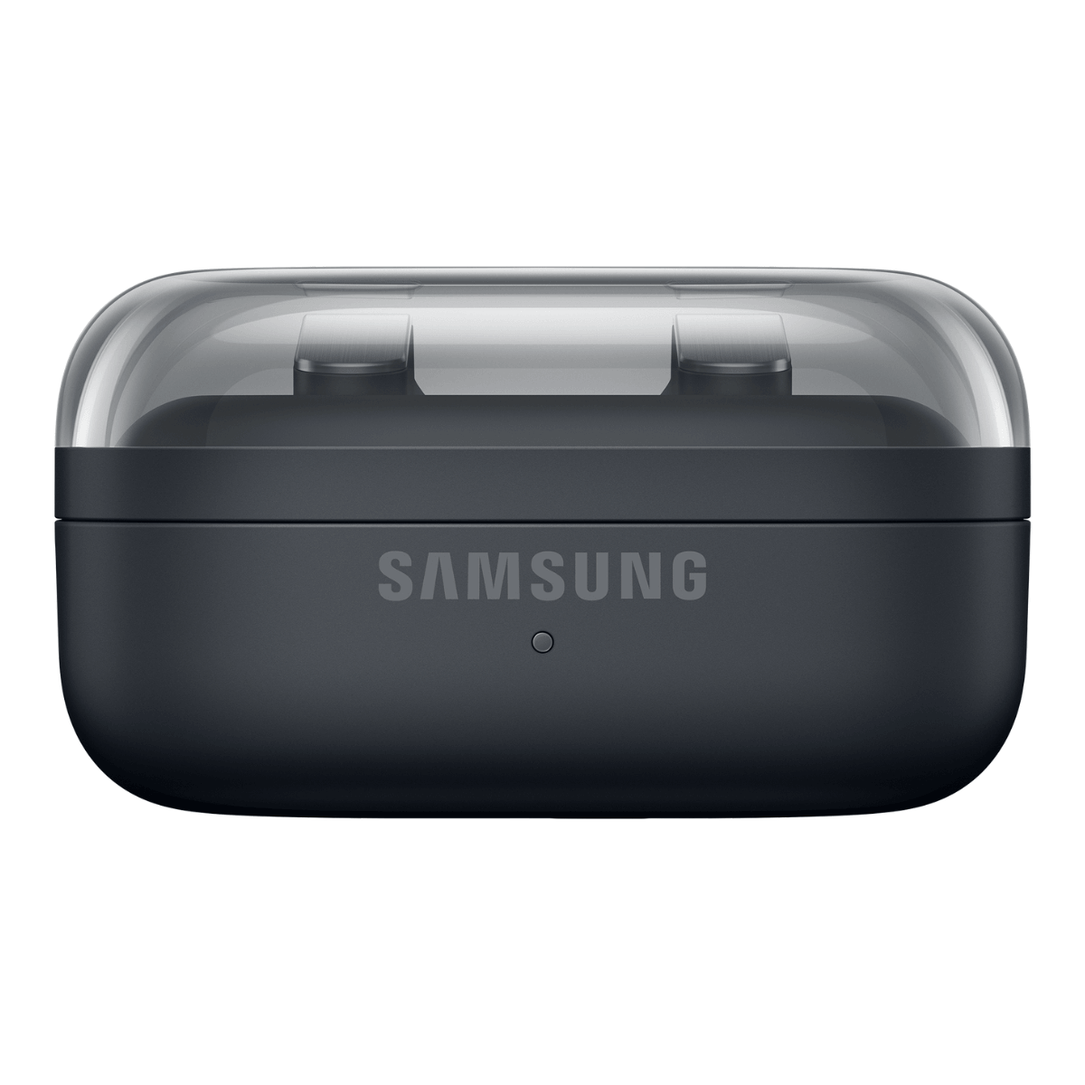 Dunkelgraues Samsung-Ladeetui mit durchsichtigem Deckel und zwei Ohrhörern.