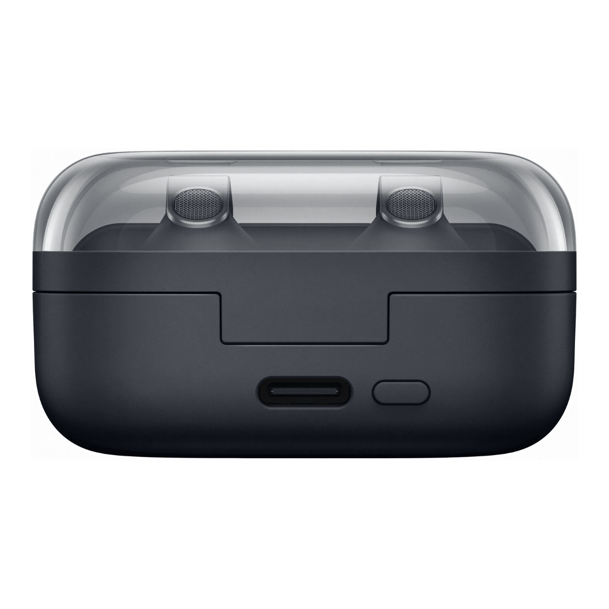 Dunkelgraues Kopfhöreretui mit klarem Deckel, das zwei Kopfhörer zeigt. USB-C-Anschluss sichtbar.