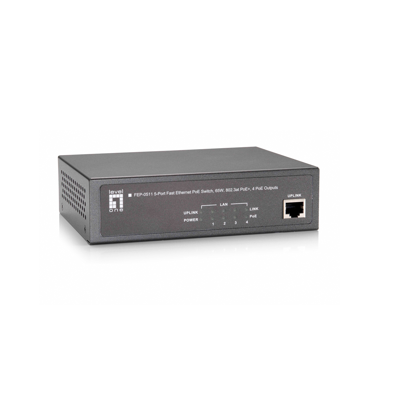 Switch PoE grigio a 5 porte con indicatori LAN, Link, PoE e una porta UPLINK.