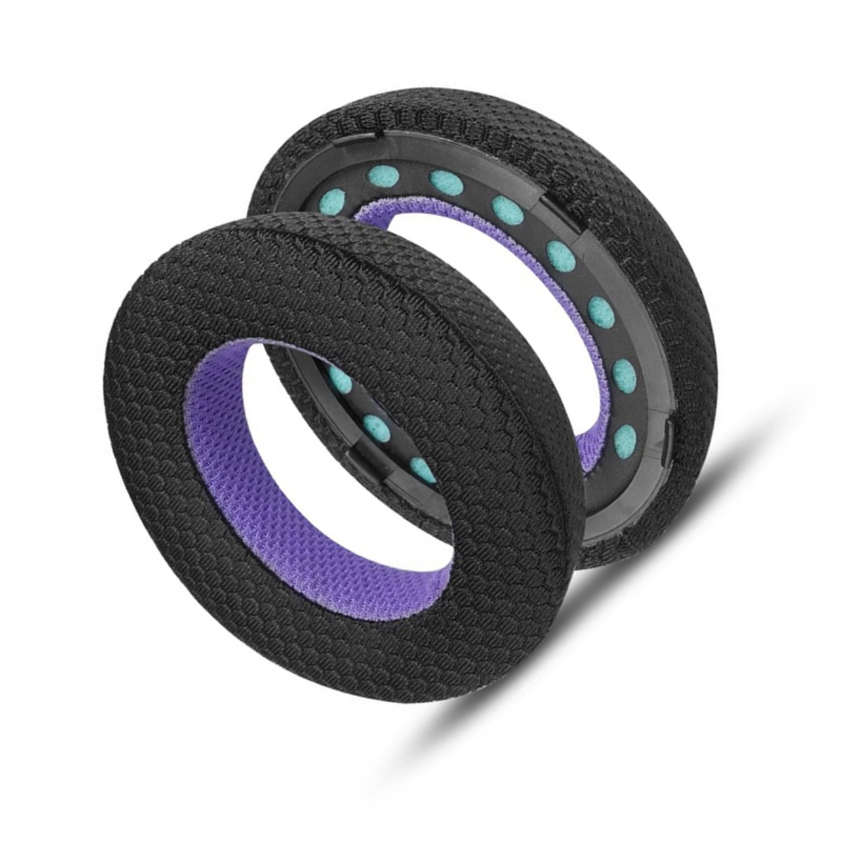 Due cuscinetti neri per cuffie con bordo viola e accenti blu.