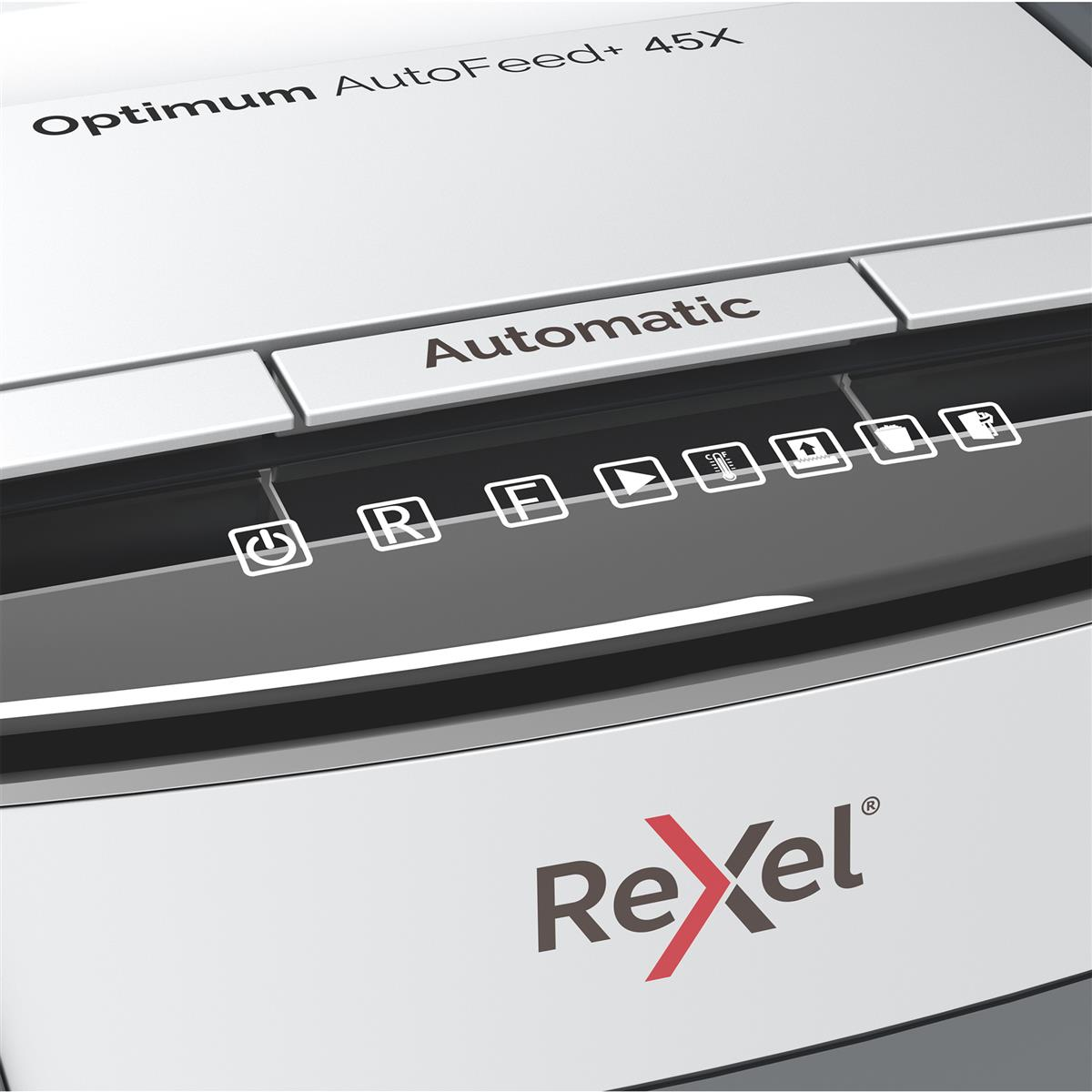 Nahaufnahme eines weißen Rexel-Aktenvernichters mit Text 'Optimum AutoFeed+ 45X' und 'Automatic'.