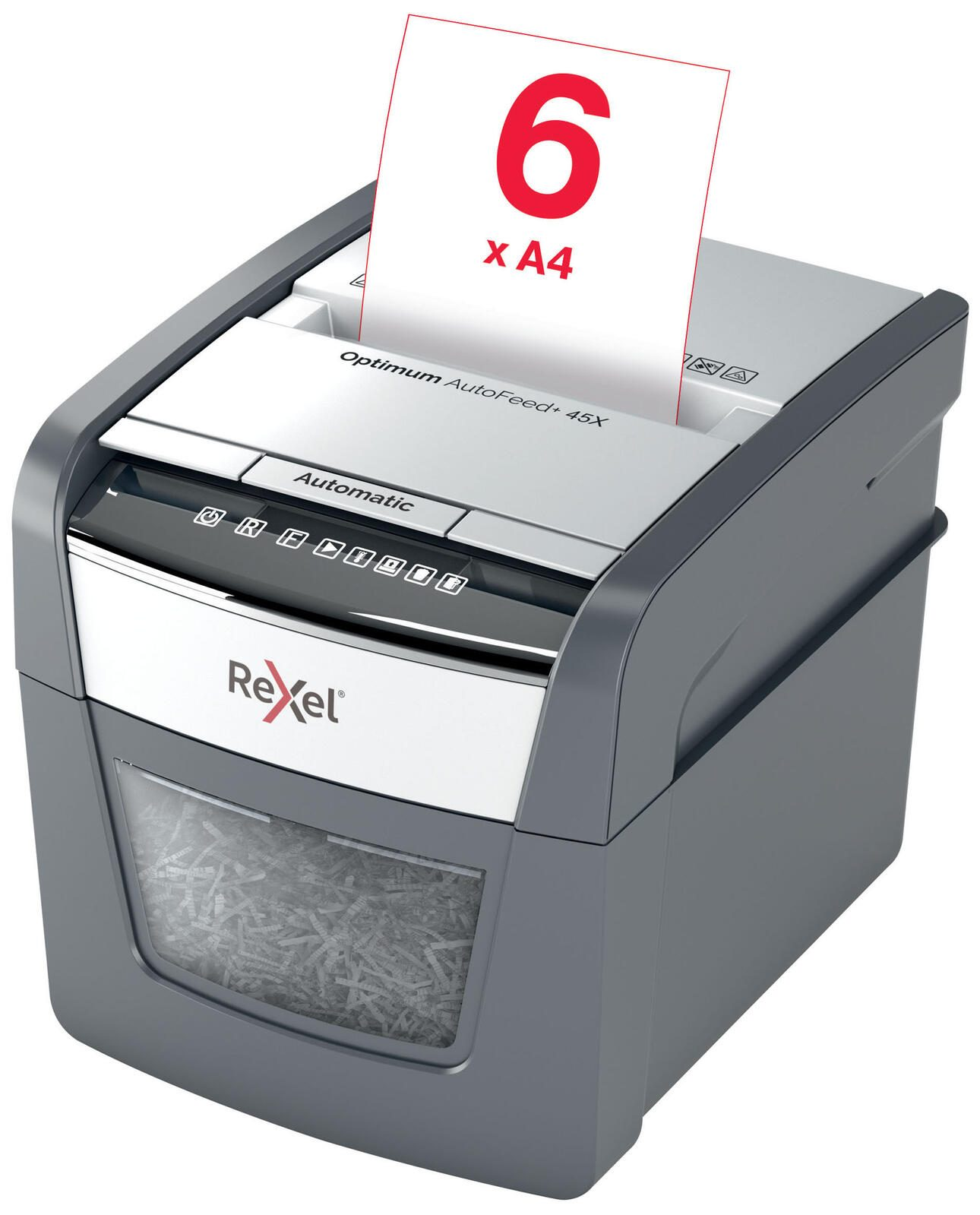 Ein grauer Rexel Aktenvernichter mit einem Blatt Papier mit der Zahl 6 und 