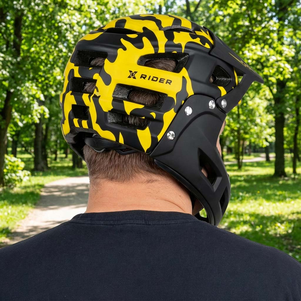 Czarno-żółty kask rowerowy w kamuflażu na głowie mężczyzny.