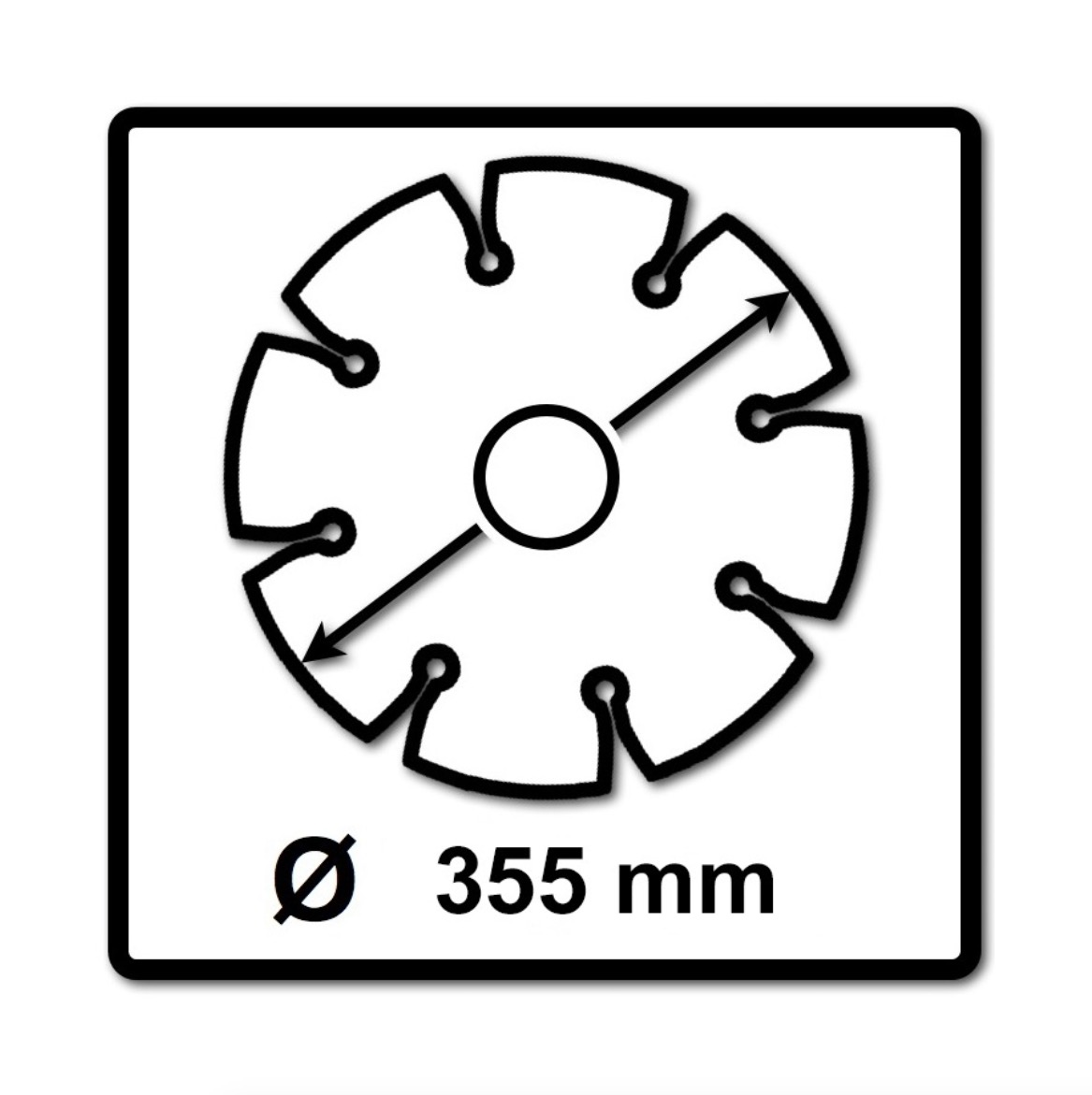 Diagramm eines Sägeblatts mit 355 mm Durchmesser und Befestigungslöchern.