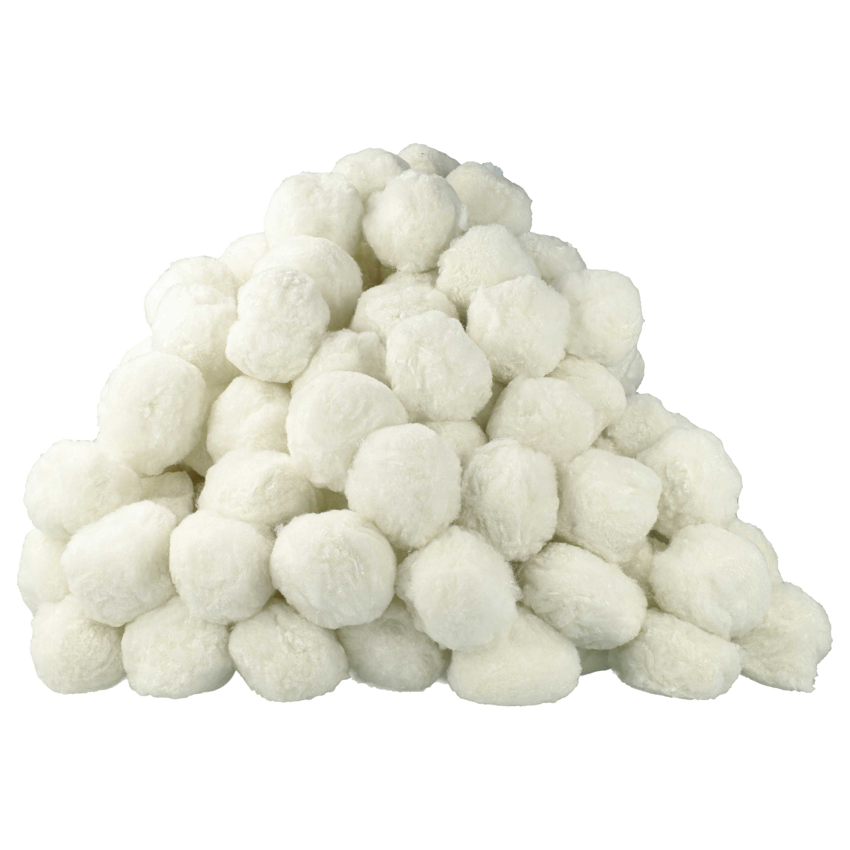 Ein Haufen flauschiger weißer Pompons auf weißem Grund.