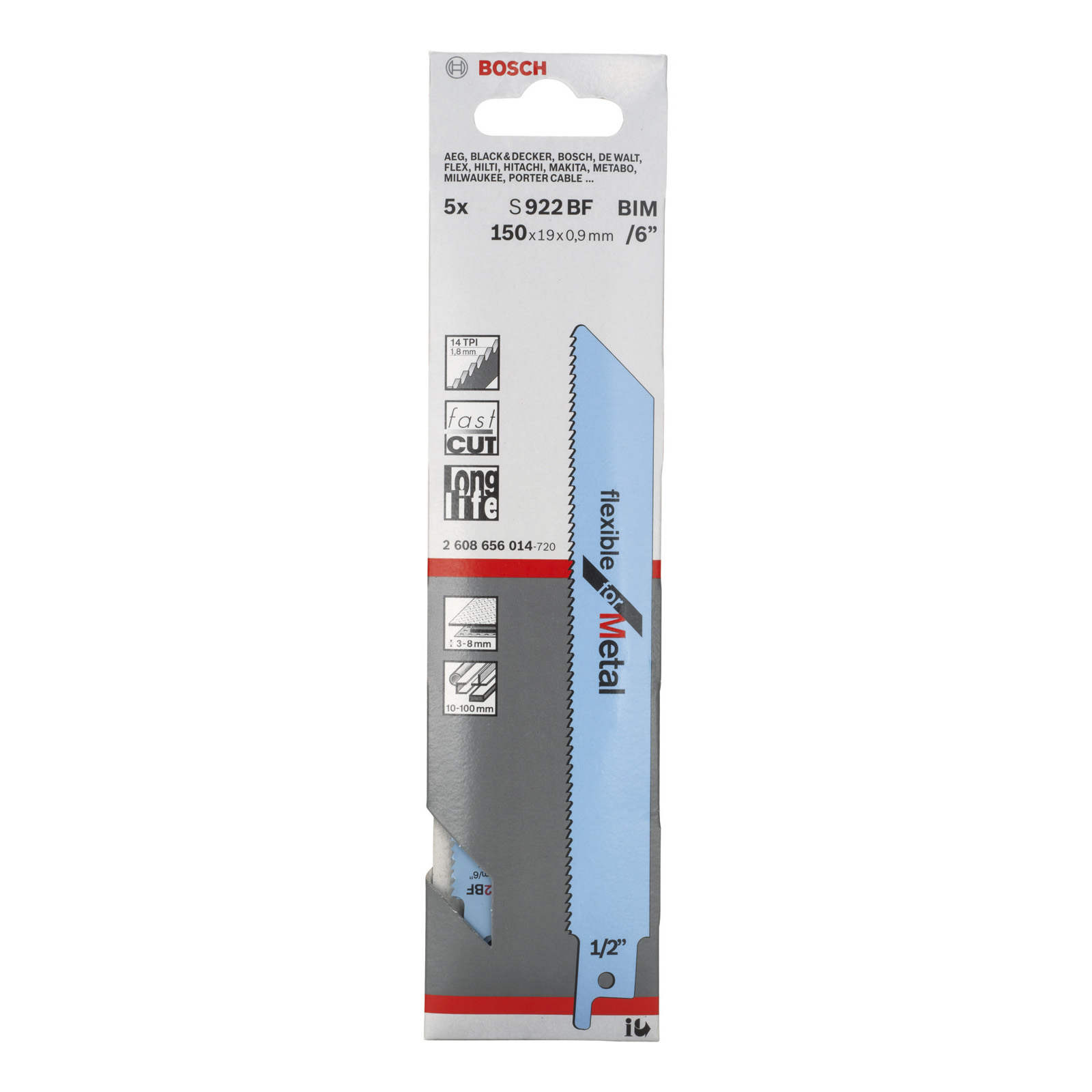 Verpackung für 5 Bosch S922BF BIM Sägeblätter, 150mm, 14 TPI.