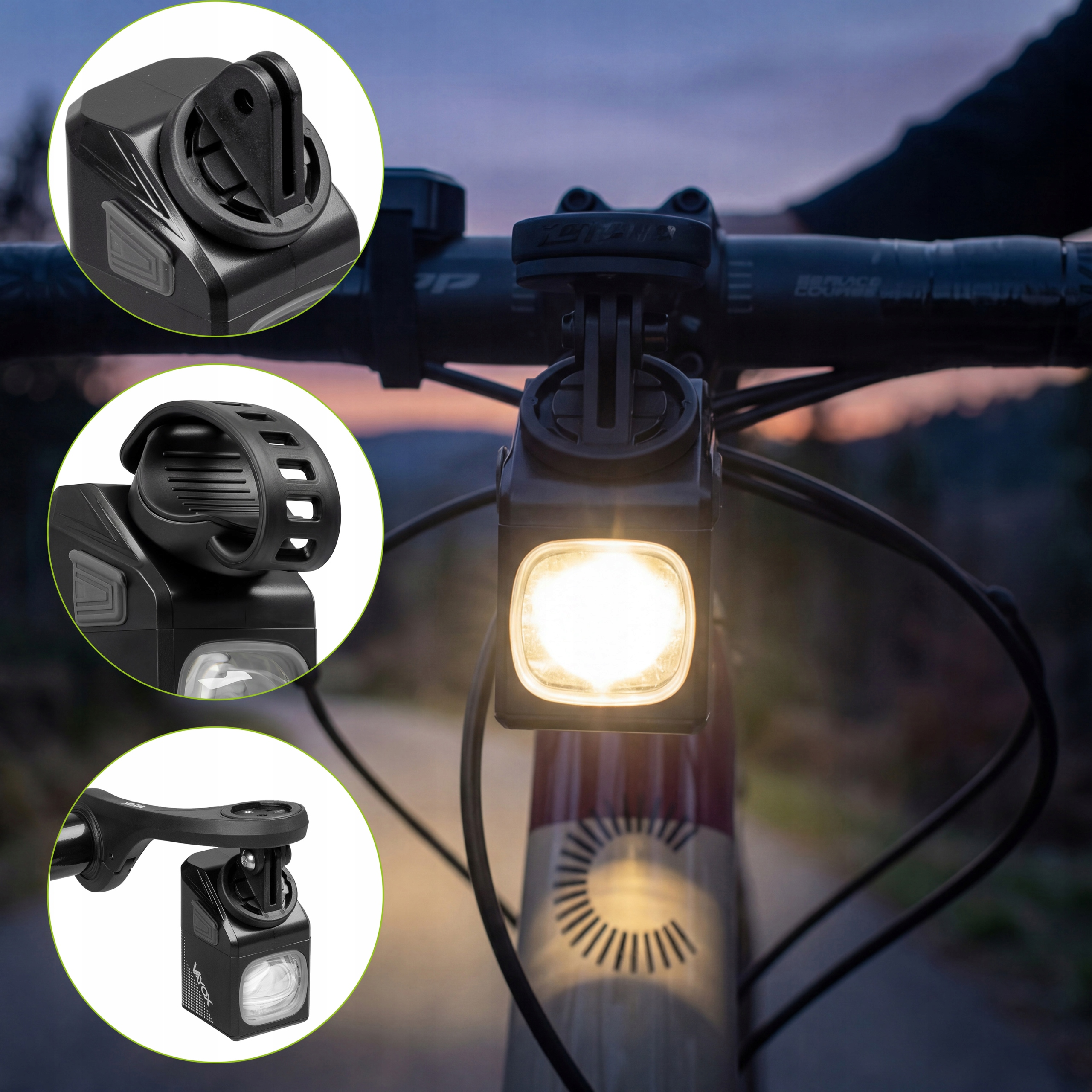 Czarna lampa rowerowa zamontowana na kierownicy o zmierzchu.