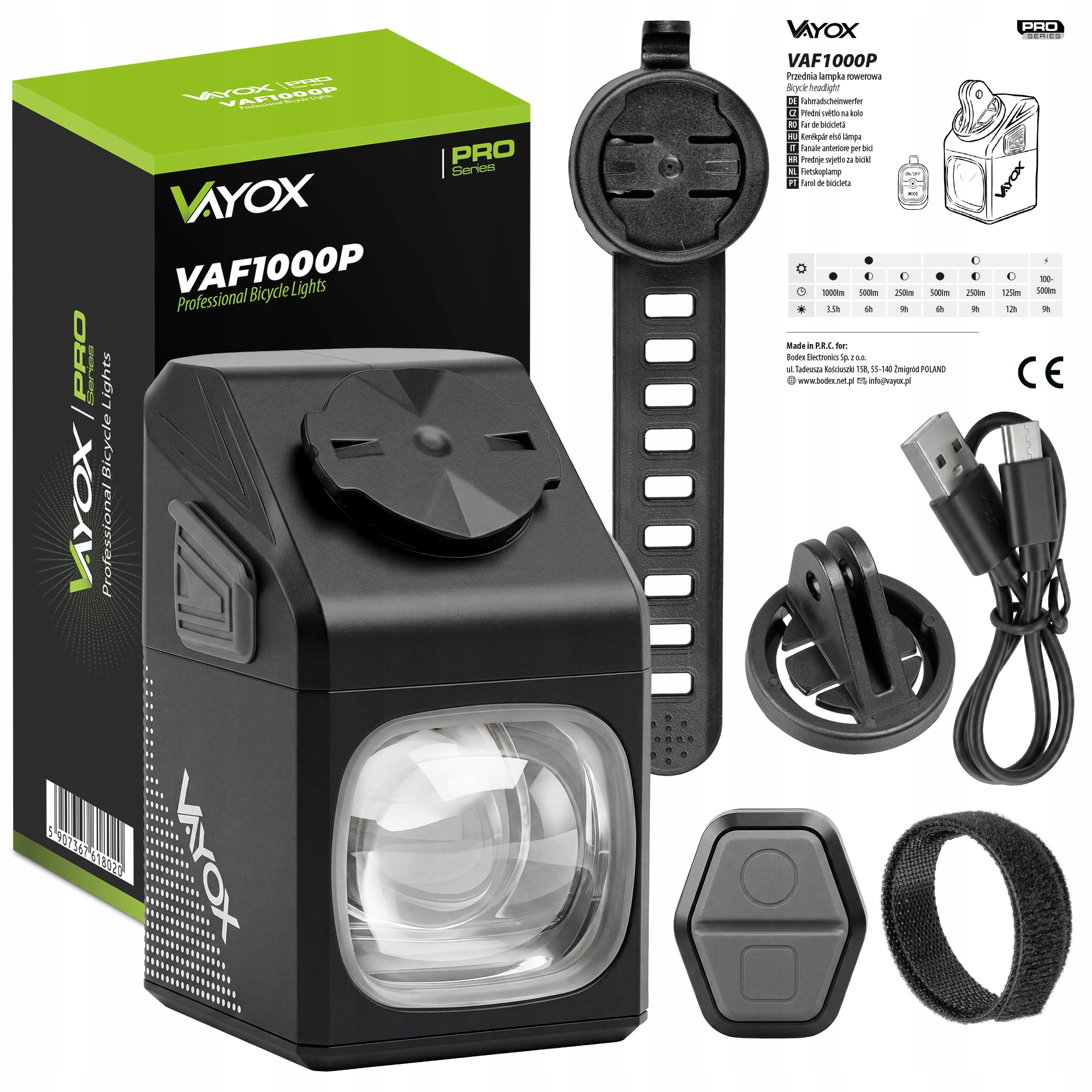 Lampa rowerowa VAYOX VAF1000P z uchwytem, kablem i pilotem.