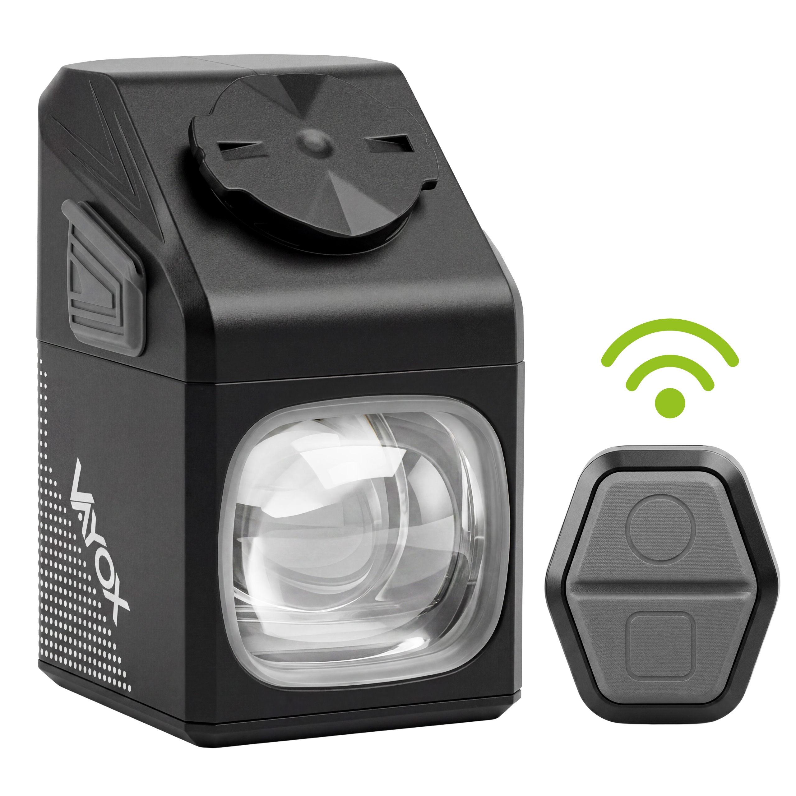 Czarna lampa rowerowa z pilotem i symbolem Wi-Fi.